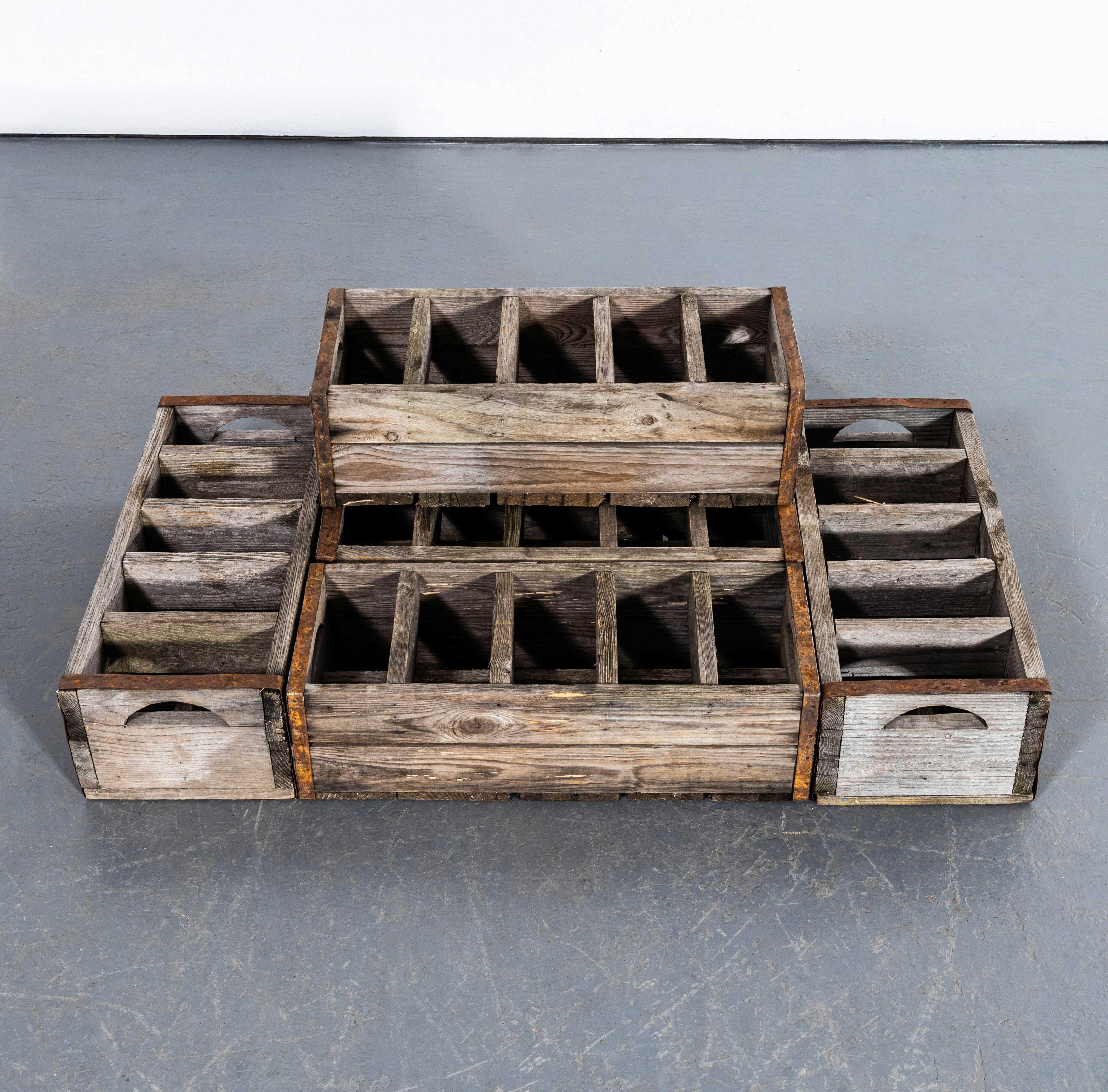 1960's French Soda Fountain Crates. 

Practical original soda fountain crates made from pitch pine. Brilliantly practical with internal divisions. Internal Compartments are 7x7 cm. Listing is for one crate.

Workshop Report:
Our workshop team