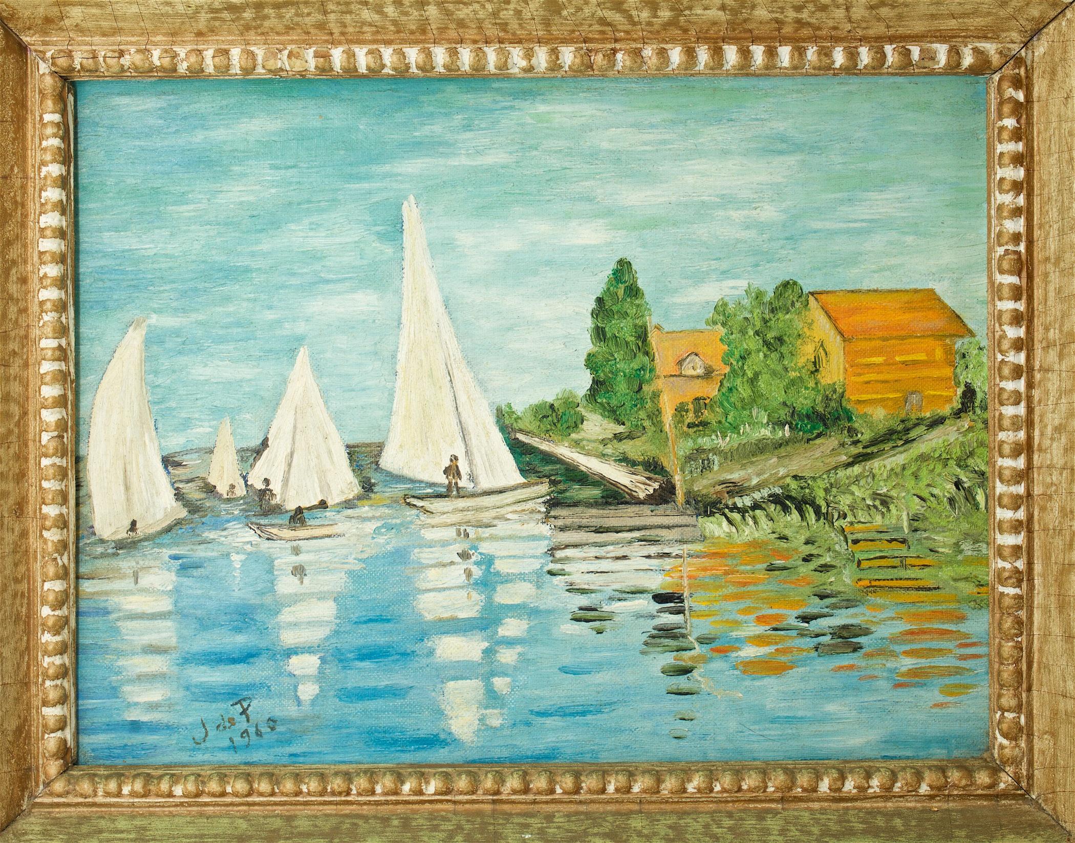A wonderful 1960s Parisian oil painting, a Tourist Street Souvenir, by artist J. de P. of the Regatta at Argenteuil originally by Claude Monet. In original frame. Oil on Board, pencil signed or dated on back, de P, Sept. 60. Image size 12 x 9 in.