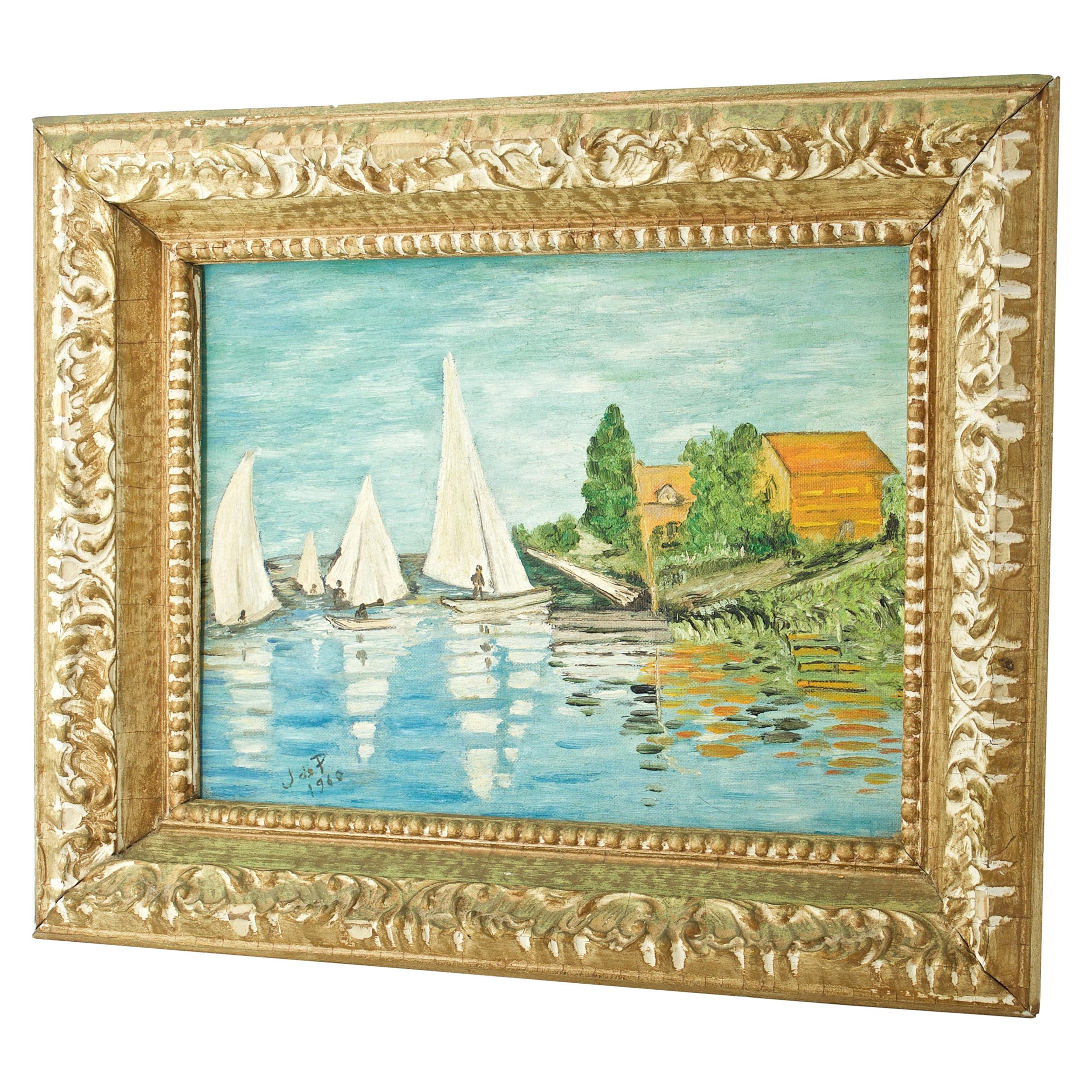 1960s French Souvenir Oil Painting Claude Monet Regatta Argenteuil Boats Summer
