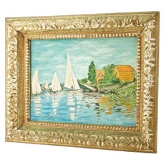 Vintage 1960s French Souvenir Oil Painting Claude Monet Regatta Argenteuil Boats Summer