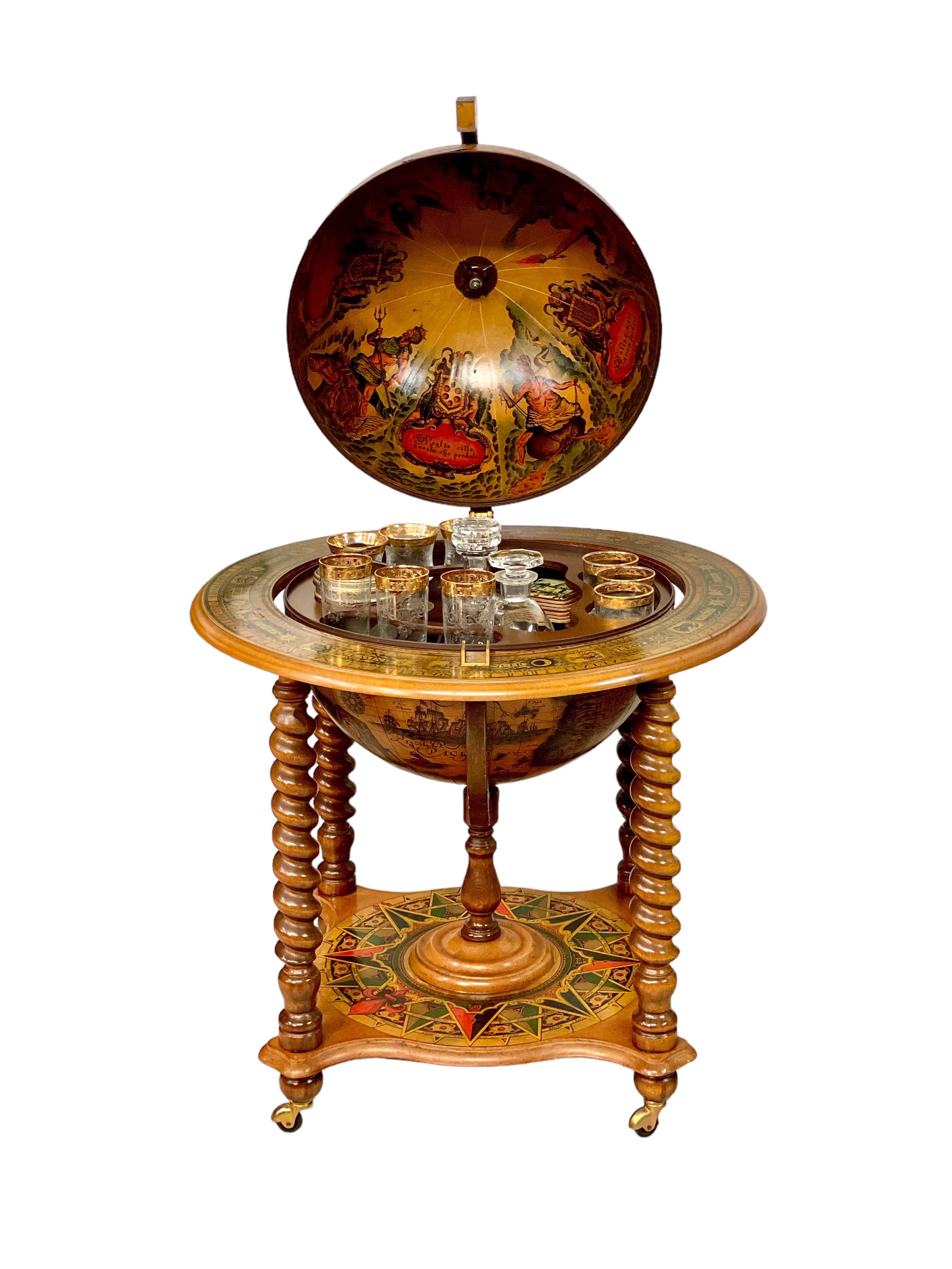 Imagine yourself transported to the charm of the mid-20th century with this magnificent vintage French cabinet-bar. This cabinet, with its timeless elegance, takes the form of a globe on a stand, lavishly adorned with antique maps, constellations,