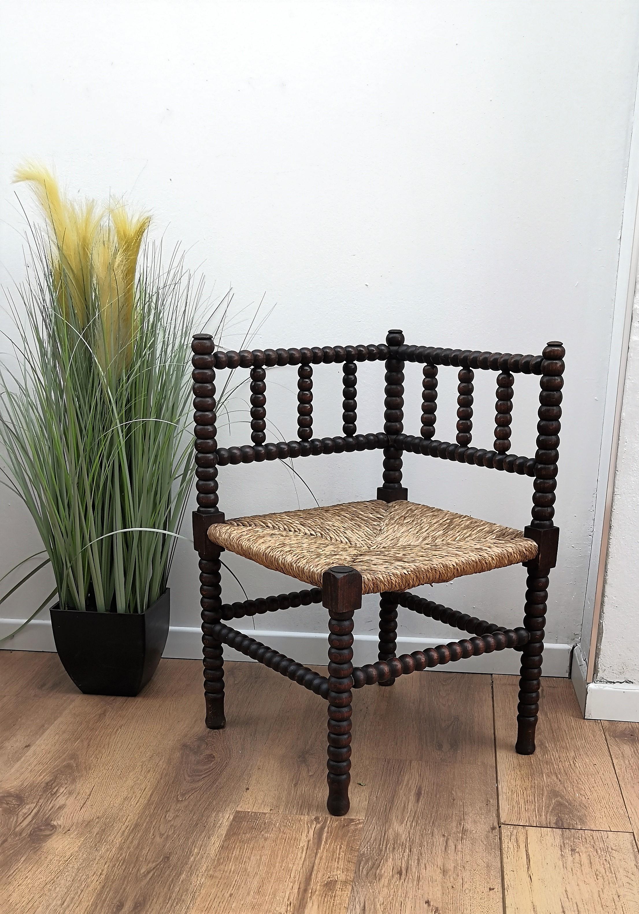 1960s French Stick and Ball Wooden and Rush Corner Chair 1
