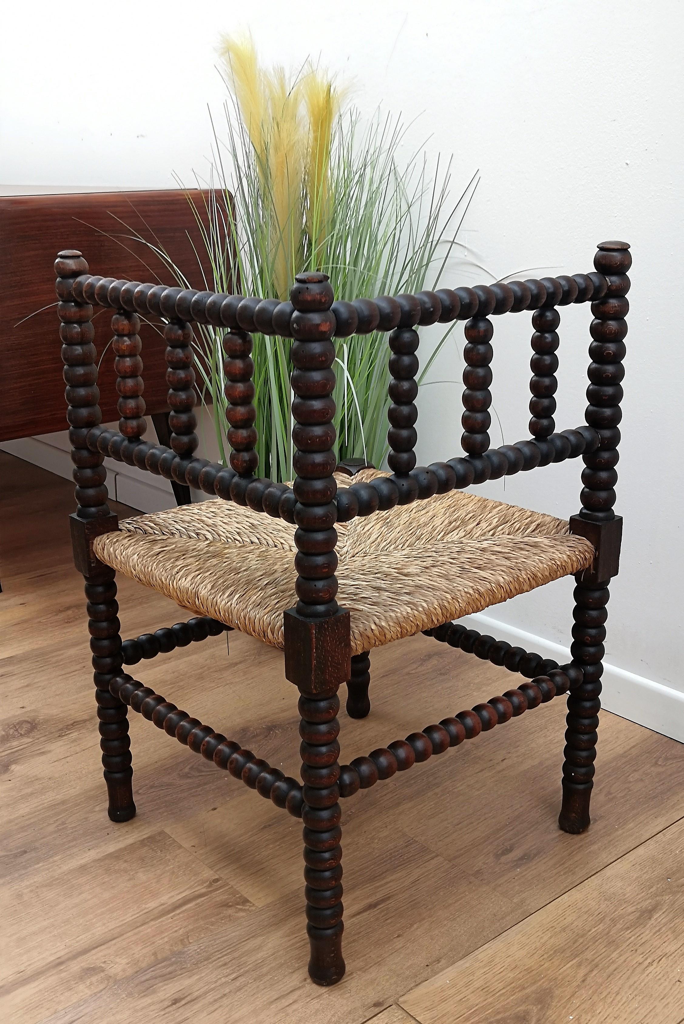 1960s French Stick and Ball Wooden and Rush Corner Chair 2