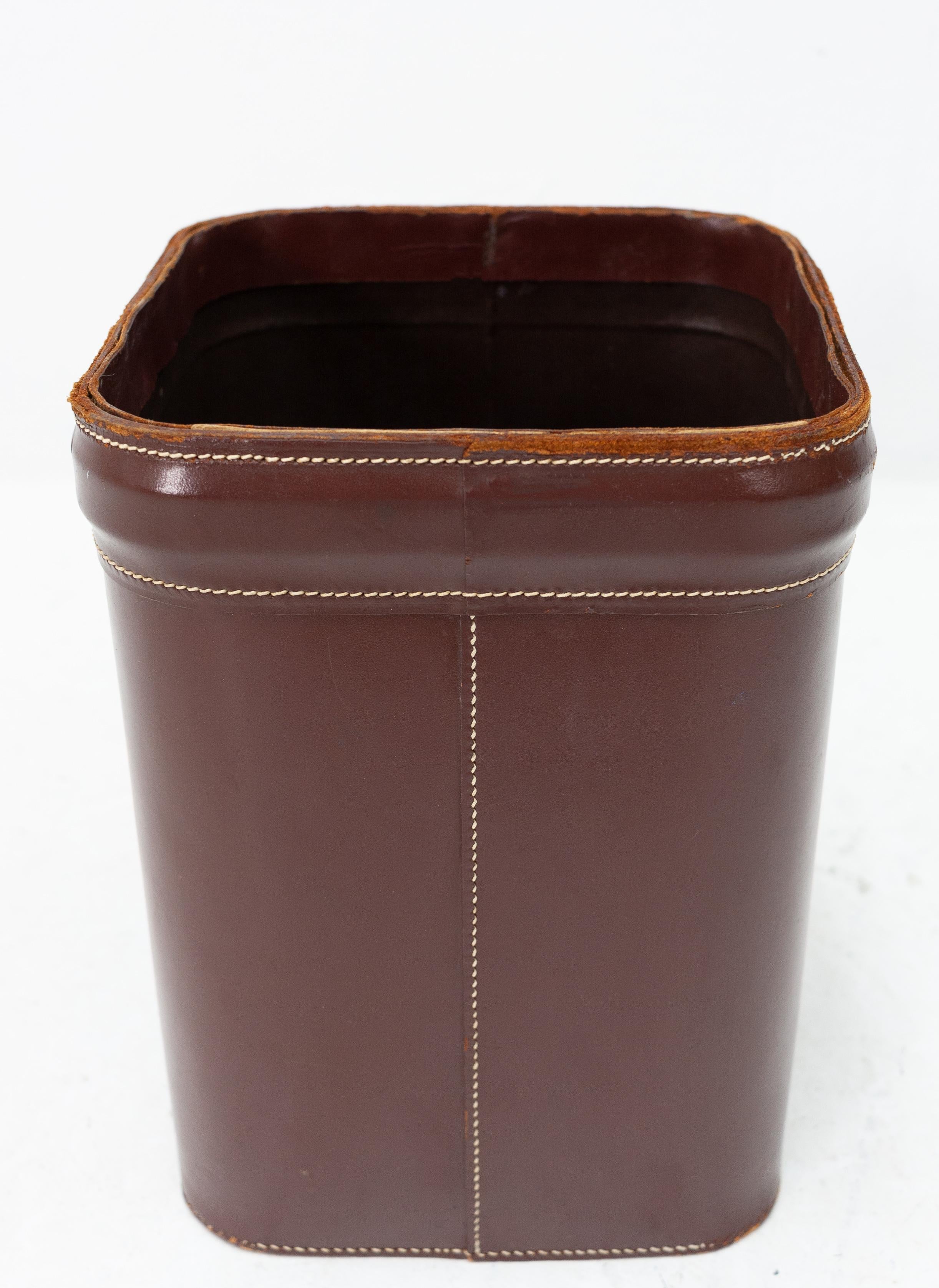 Very nice waste(paper) basket in light brown leather with cream stitching, 1960s, France.