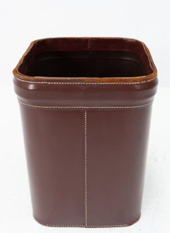 1960s French Stitched Leather Waste Basket