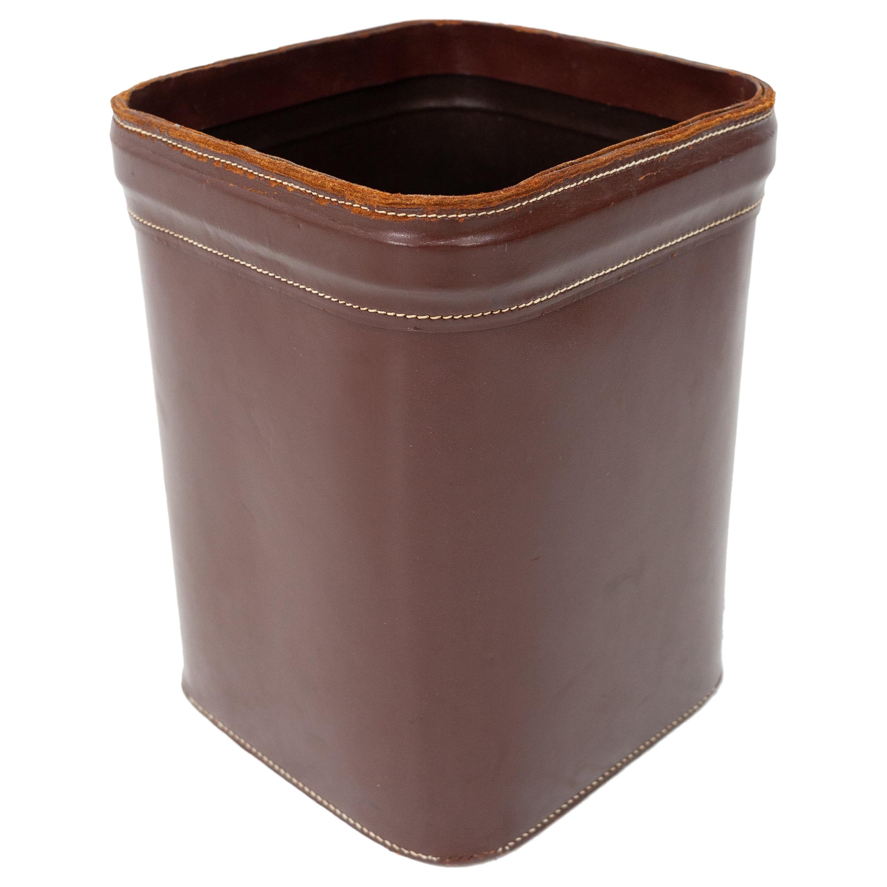 1960s French Stitched Leather Waste Basket