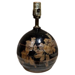 1960s French Stoneware Small Black Lamp Abstract Floral