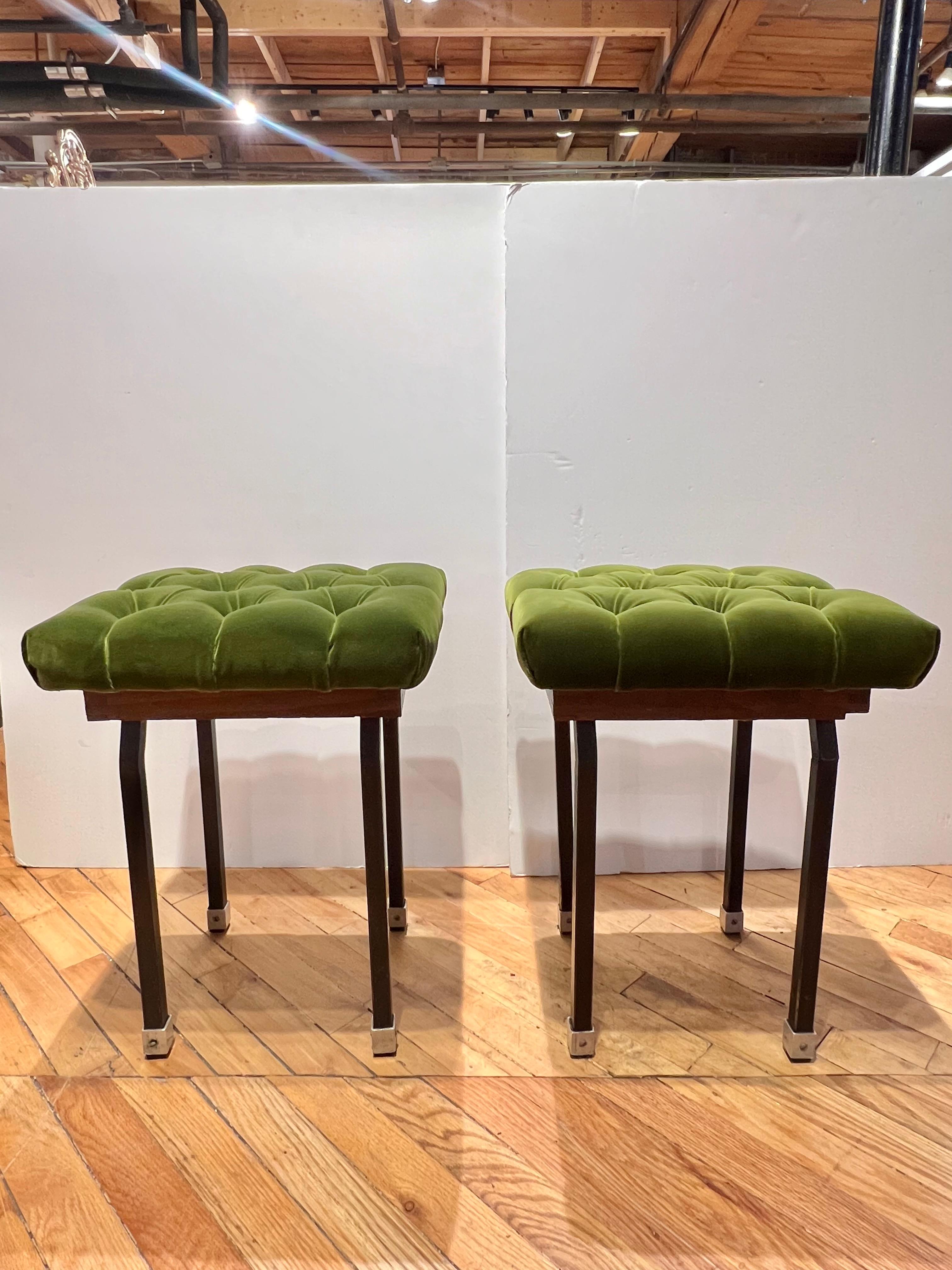 Midcentury stools with metal base and new velvet tufted upholstery. Made in France. More available. Choice of custom upholstery available 