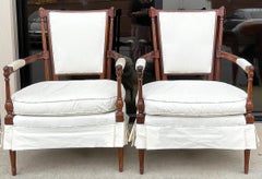 1960s French Style Carved Mahogany Skirted Bergere Chairs, Pair