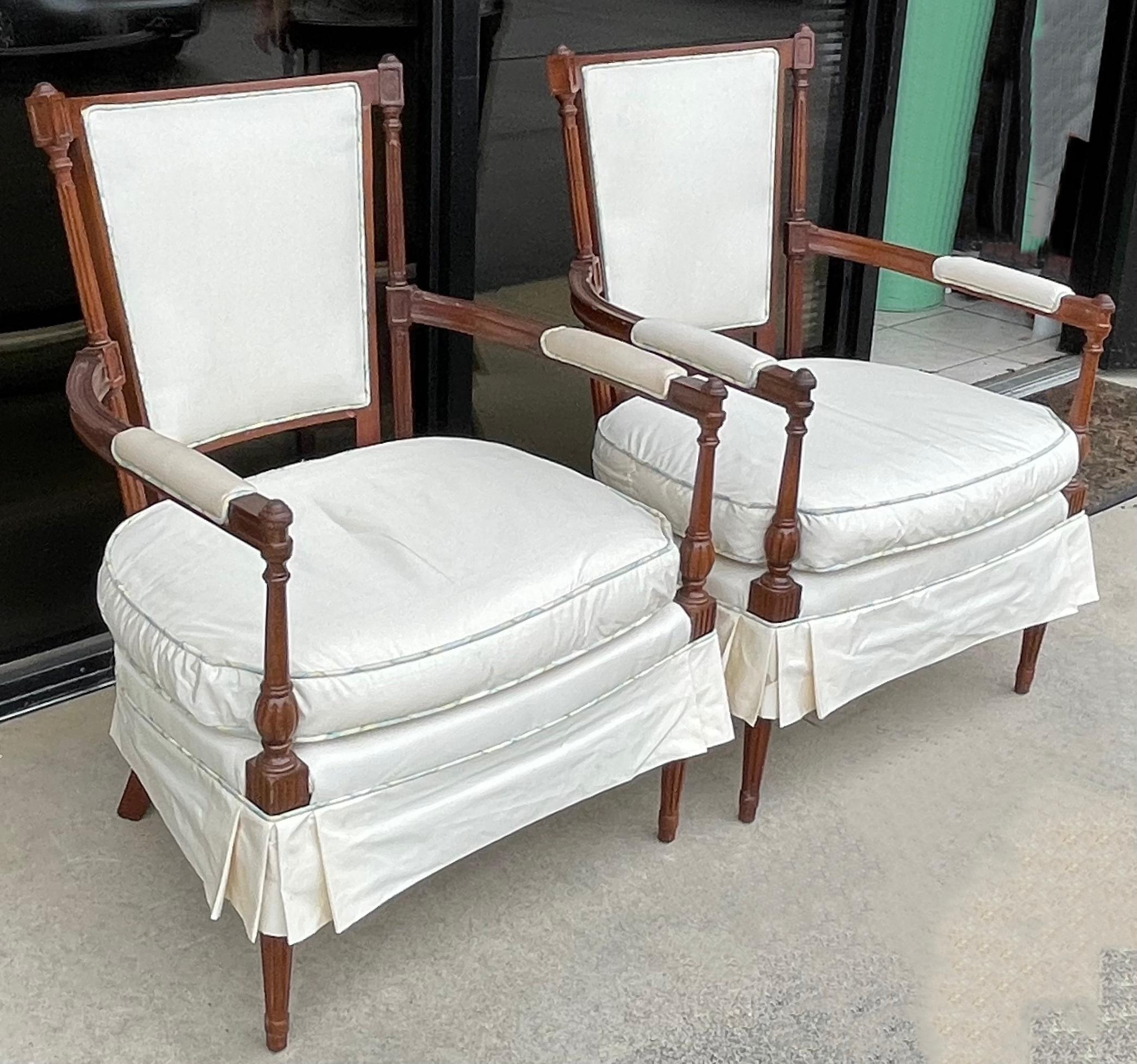 Louis XV 1960s French Style Carved Mahogany Skirted Bergere Chairs, Pair For Sale