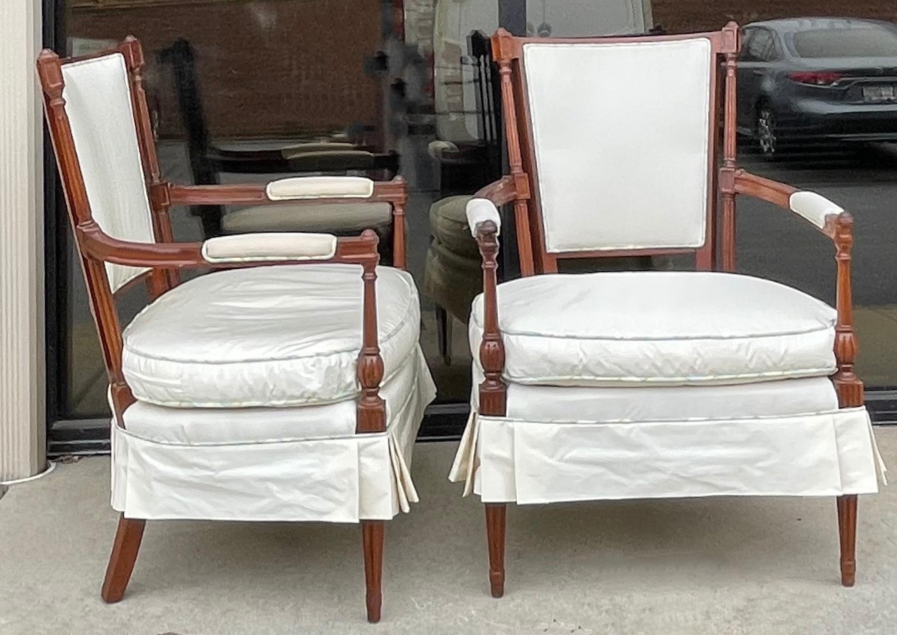 American 1960s French Style Carved Mahogany Skirted Bergere Chairs, Pair For Sale