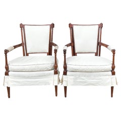 1960s French Style Carved Mahogany Skirted Bergere Chairs, Pair
