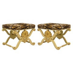 1960s French Style Gilded X Benches By Karges In Tiger Velvet - Pair