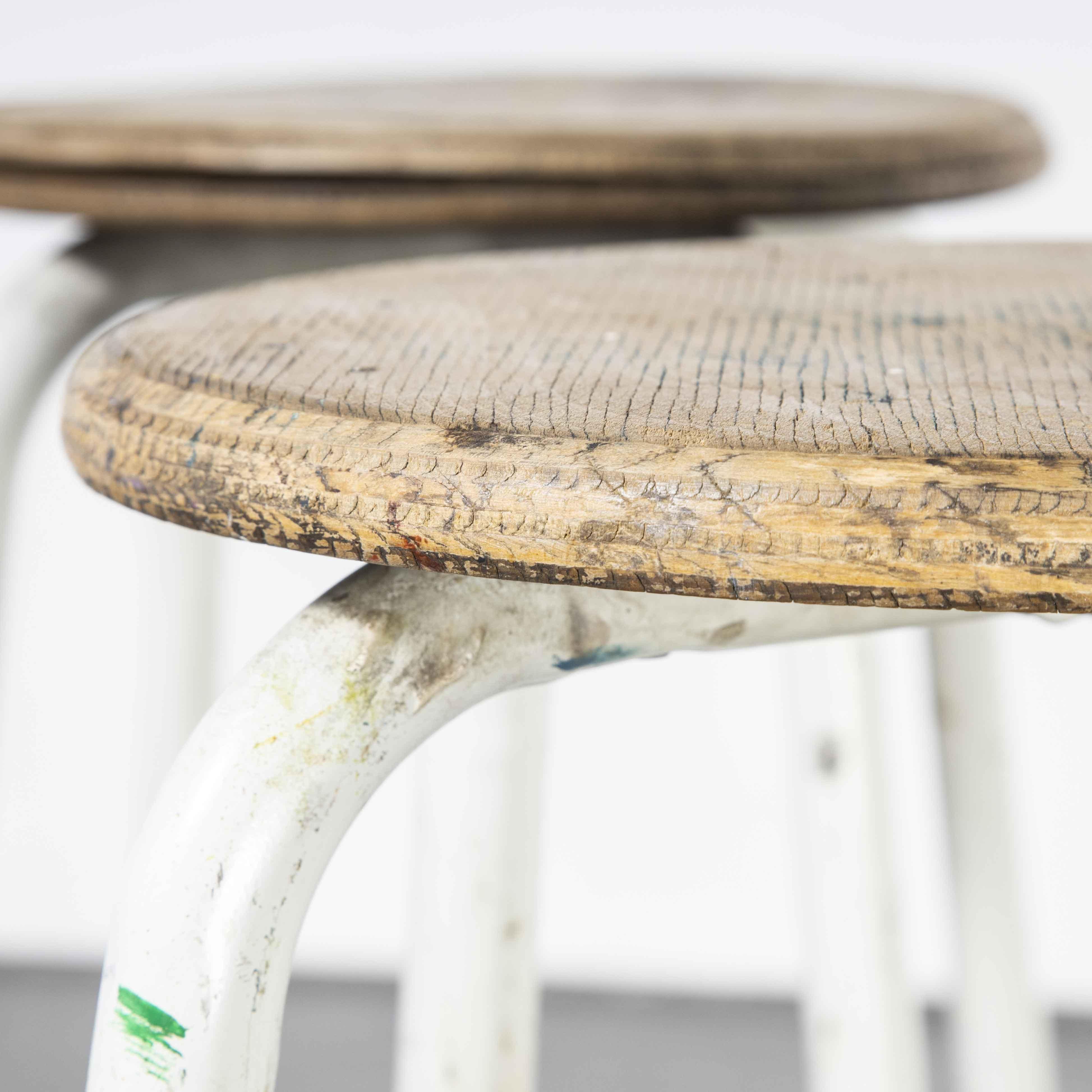 1960’s french tall white laboratory stools – Pair

1960’s french tall white laboratory stools – Pair. Good honest lab stools, heavy steel frames with solid heavy birch ply seats. We clean them and check all fixings, they are good to go. Seat