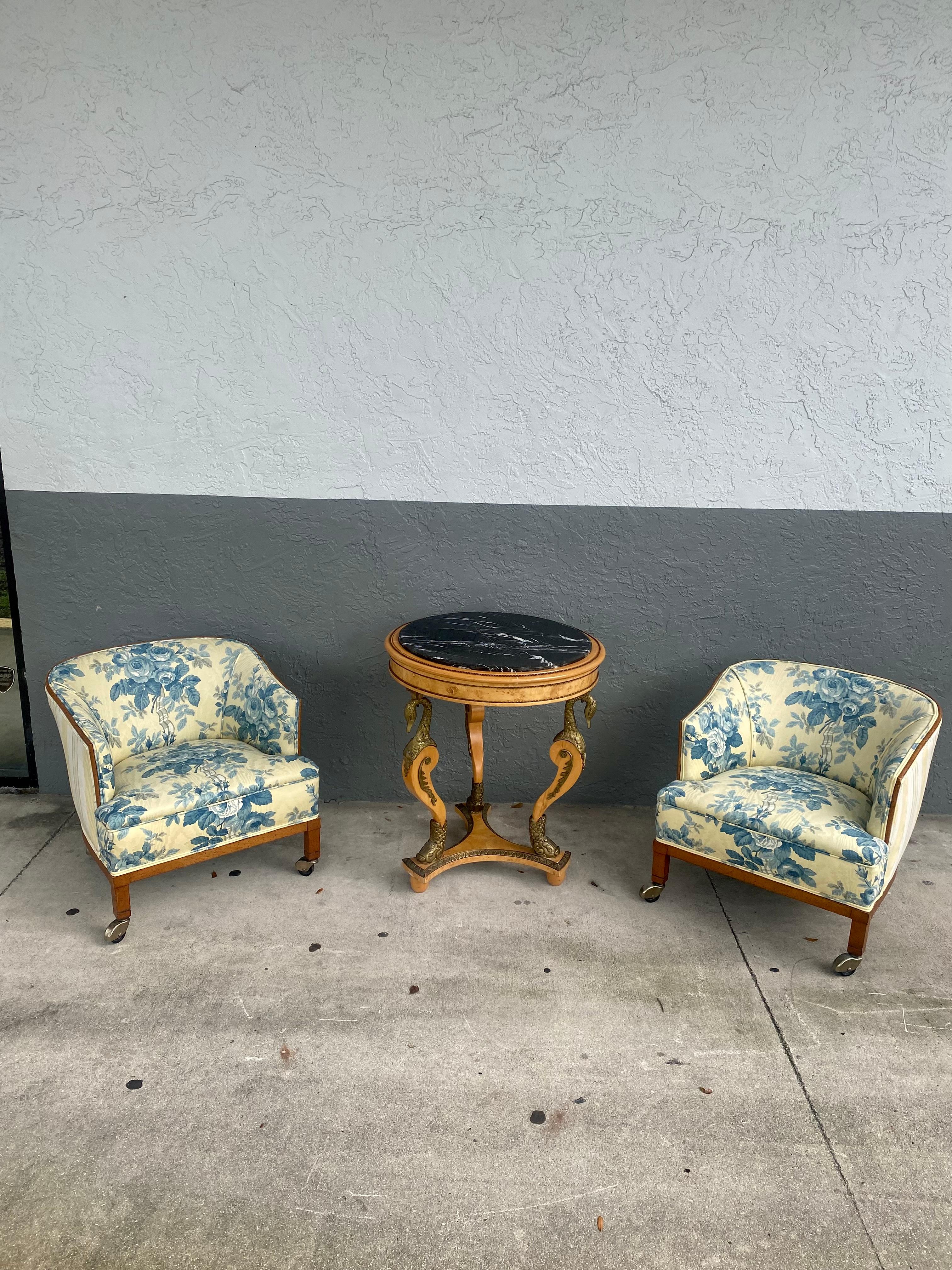 1960s French Toile Barrel Back Wood Castors Chairs, Set of 2 For Sale 2