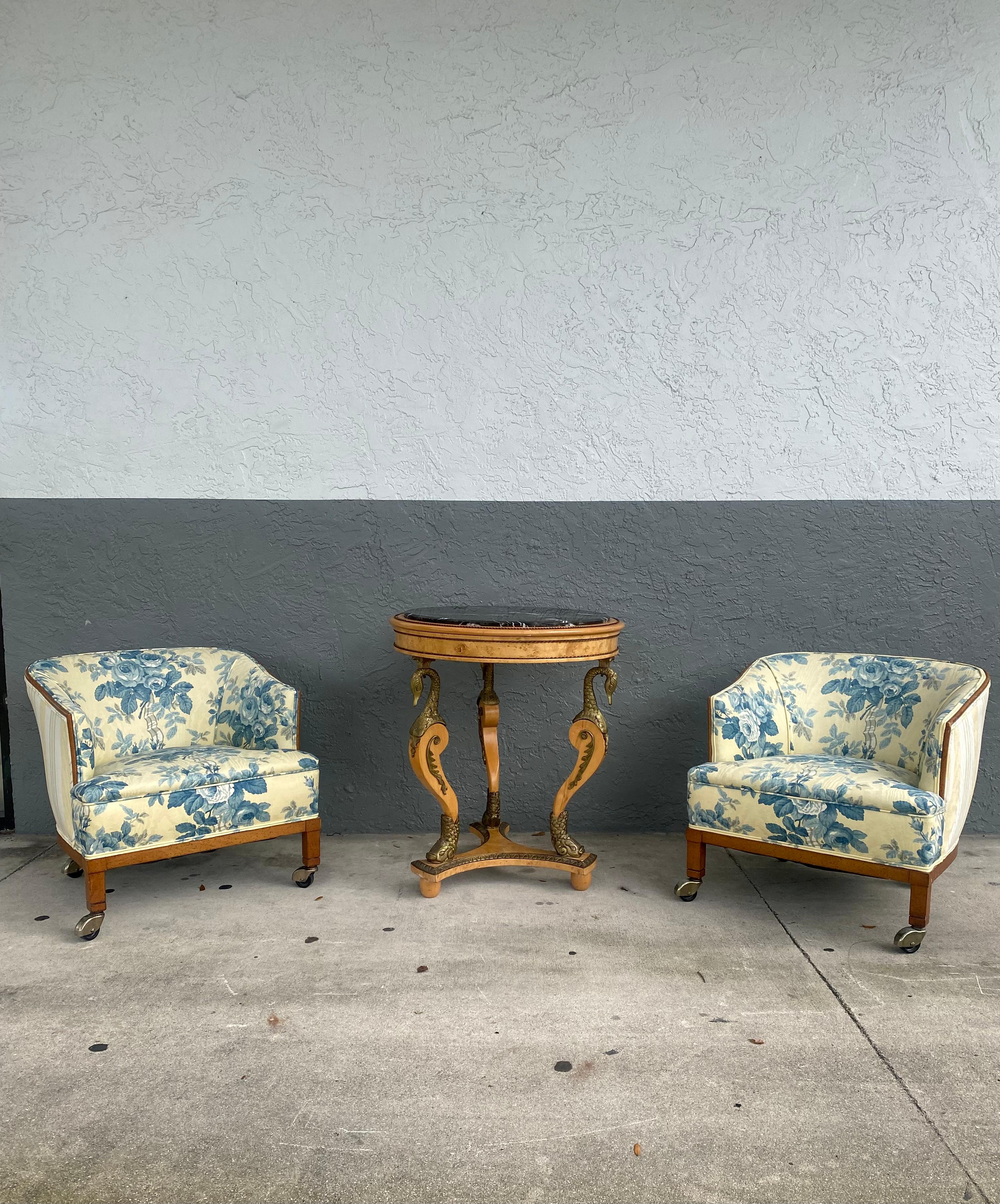 1960s French Toile Barrel Back Wood Castors Chairs, Set of 2 For Sale 4