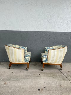 1960s French Toile Barrel Back Wood Castors Chairs, Set of 2