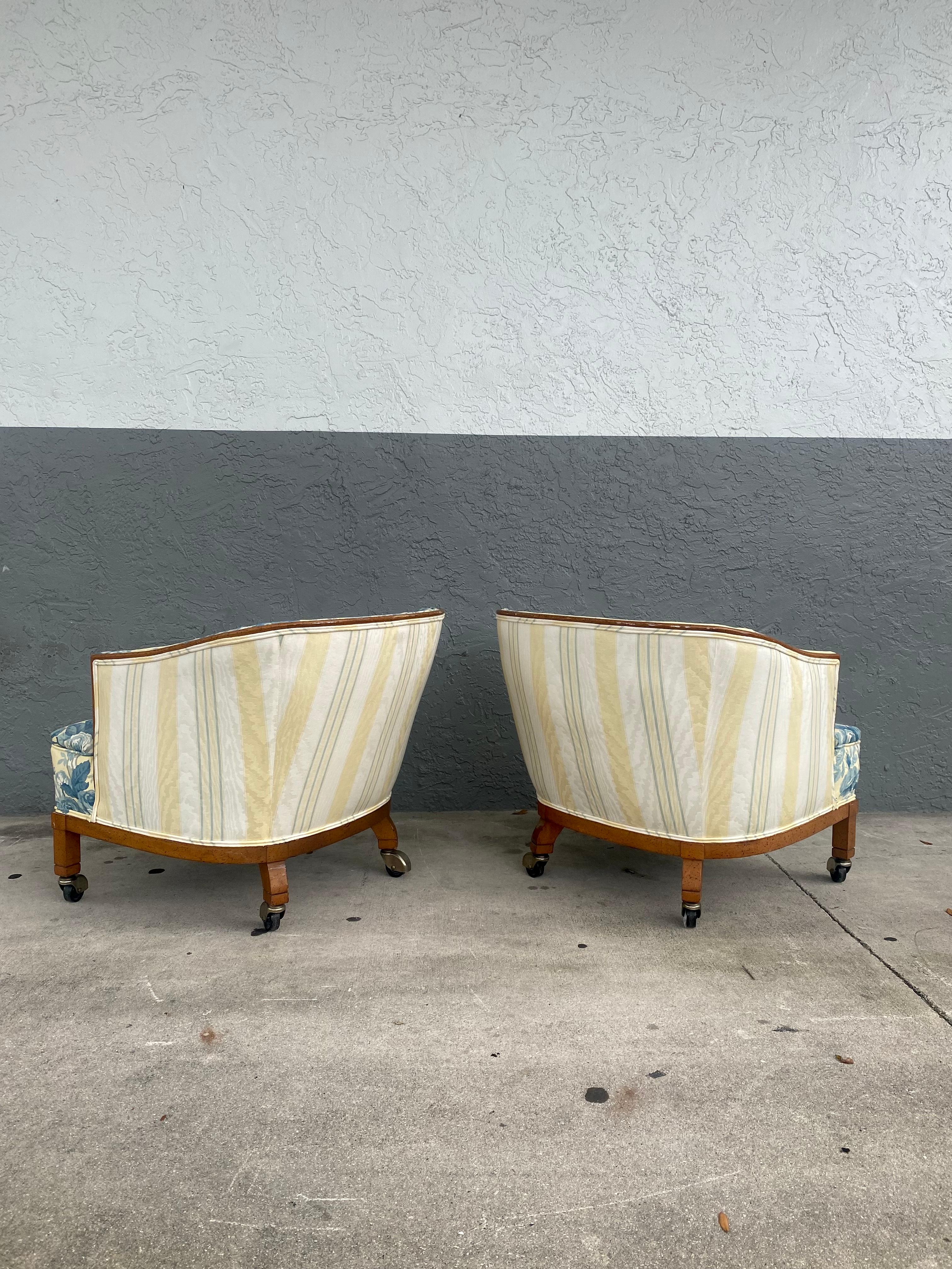 Mid-Century Modern 1960s French Toile Barrel Back Wood Castors Chairs, Set of 2 For Sale