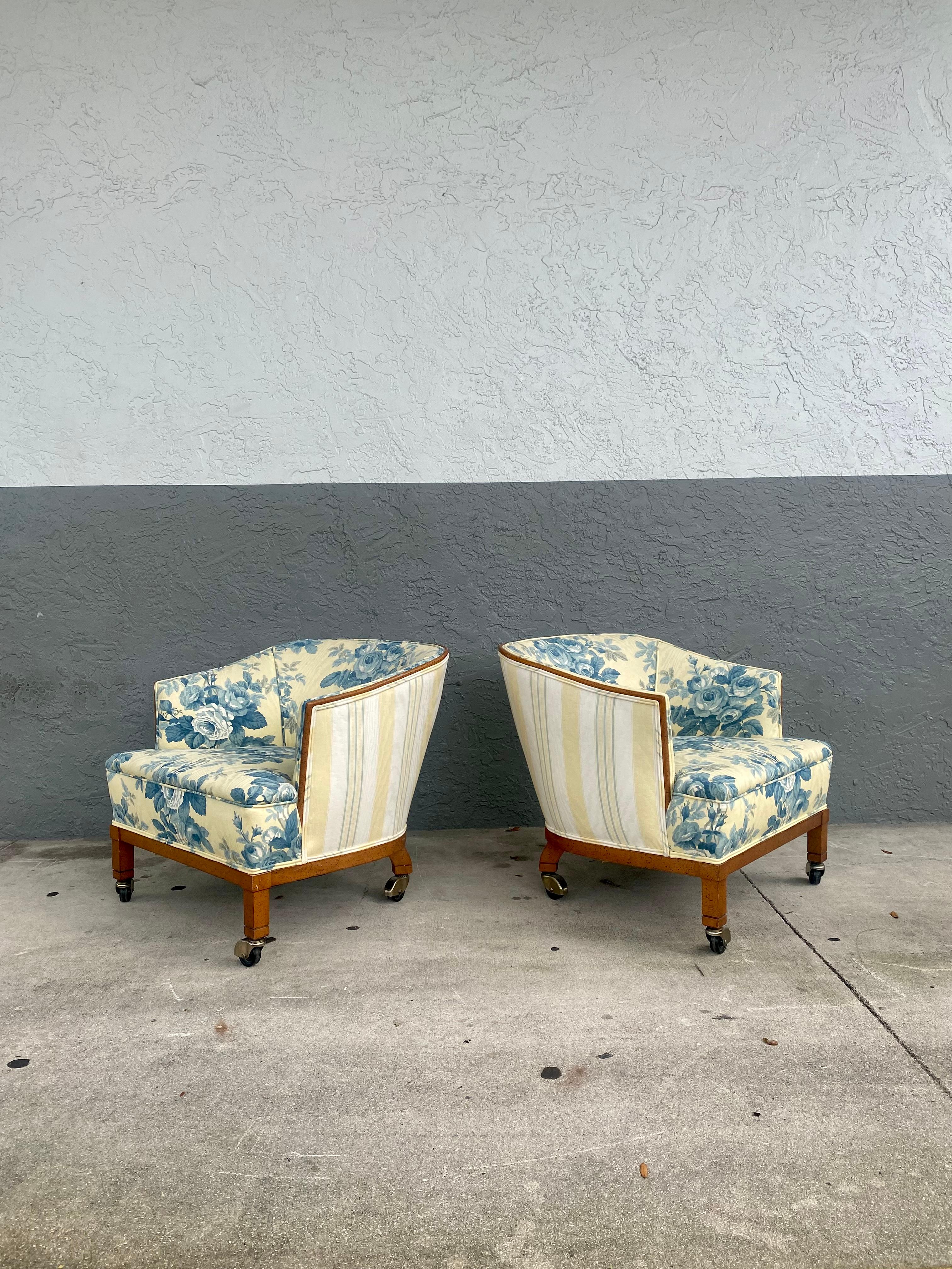 Upholstery 1960s French Toile Barrel Back Wood Castors Chairs, Set of 2 For Sale