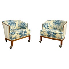 1960s French Toile Barrel Back Wood Castors Chairs, Set of 2