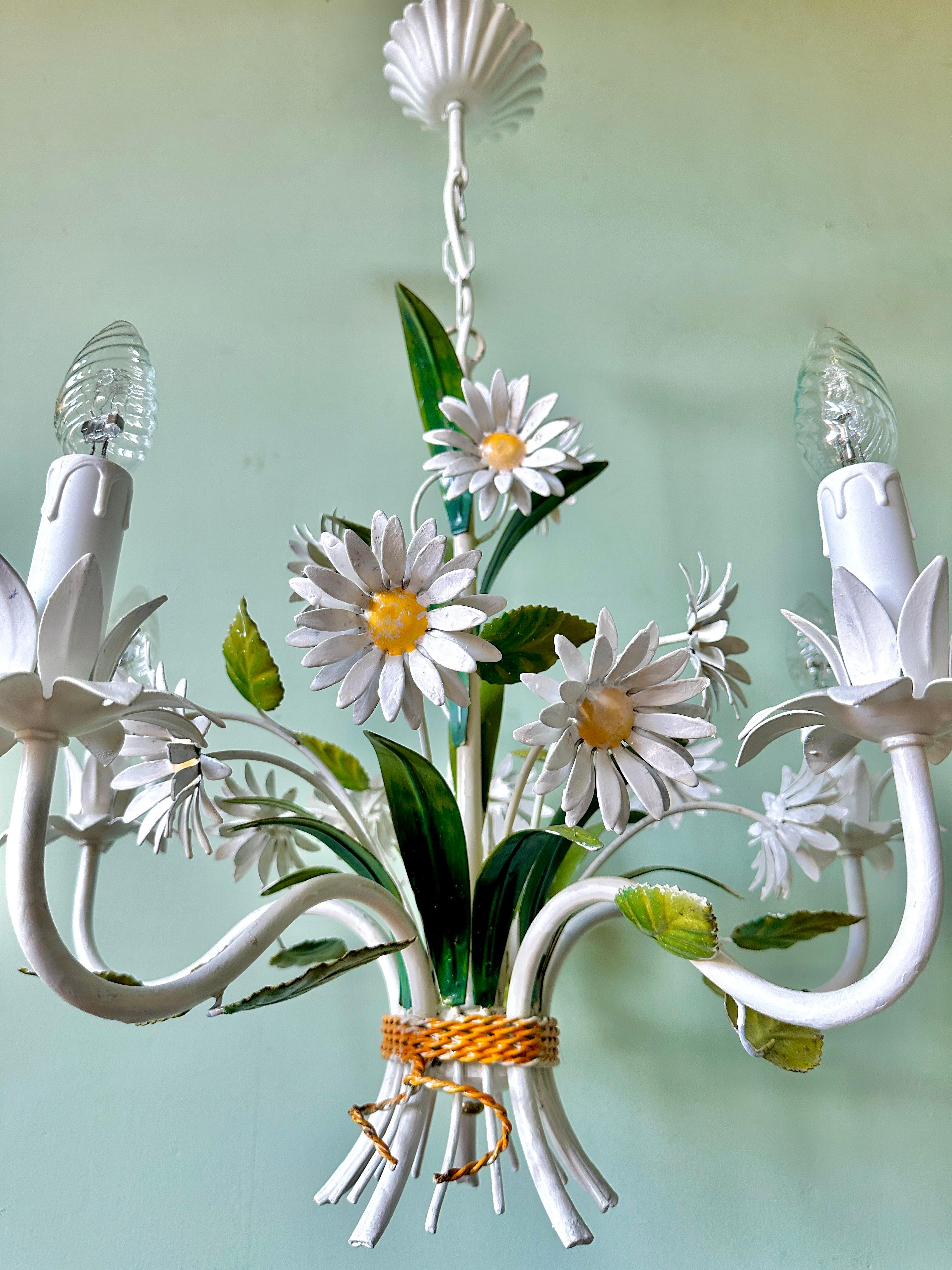 French Provincial 1960s French Tole Toleware Daisy Chandelier For Sale