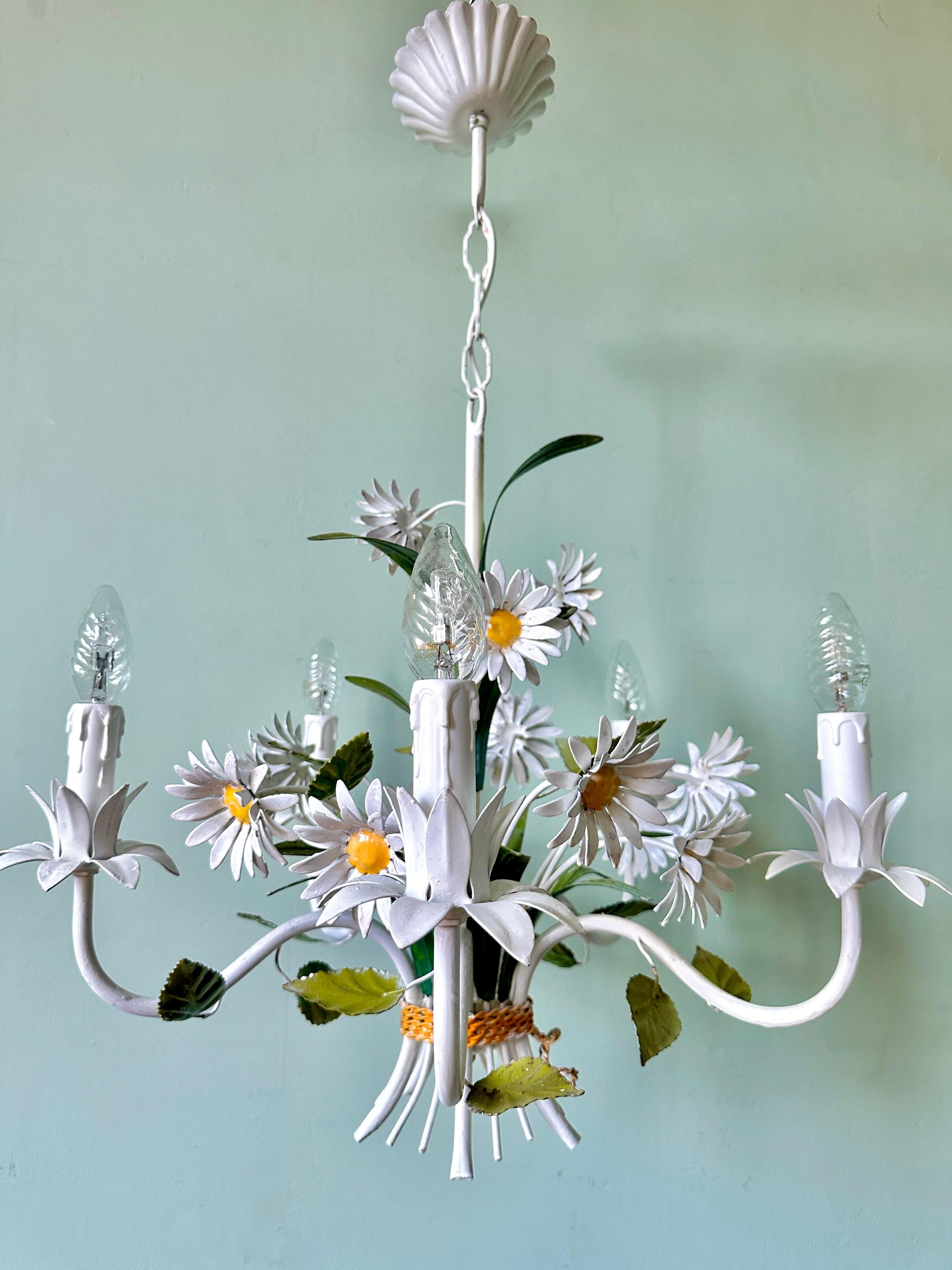 Mid-20th Century 1960s French Tole Toleware Daisy Chandelier For Sale