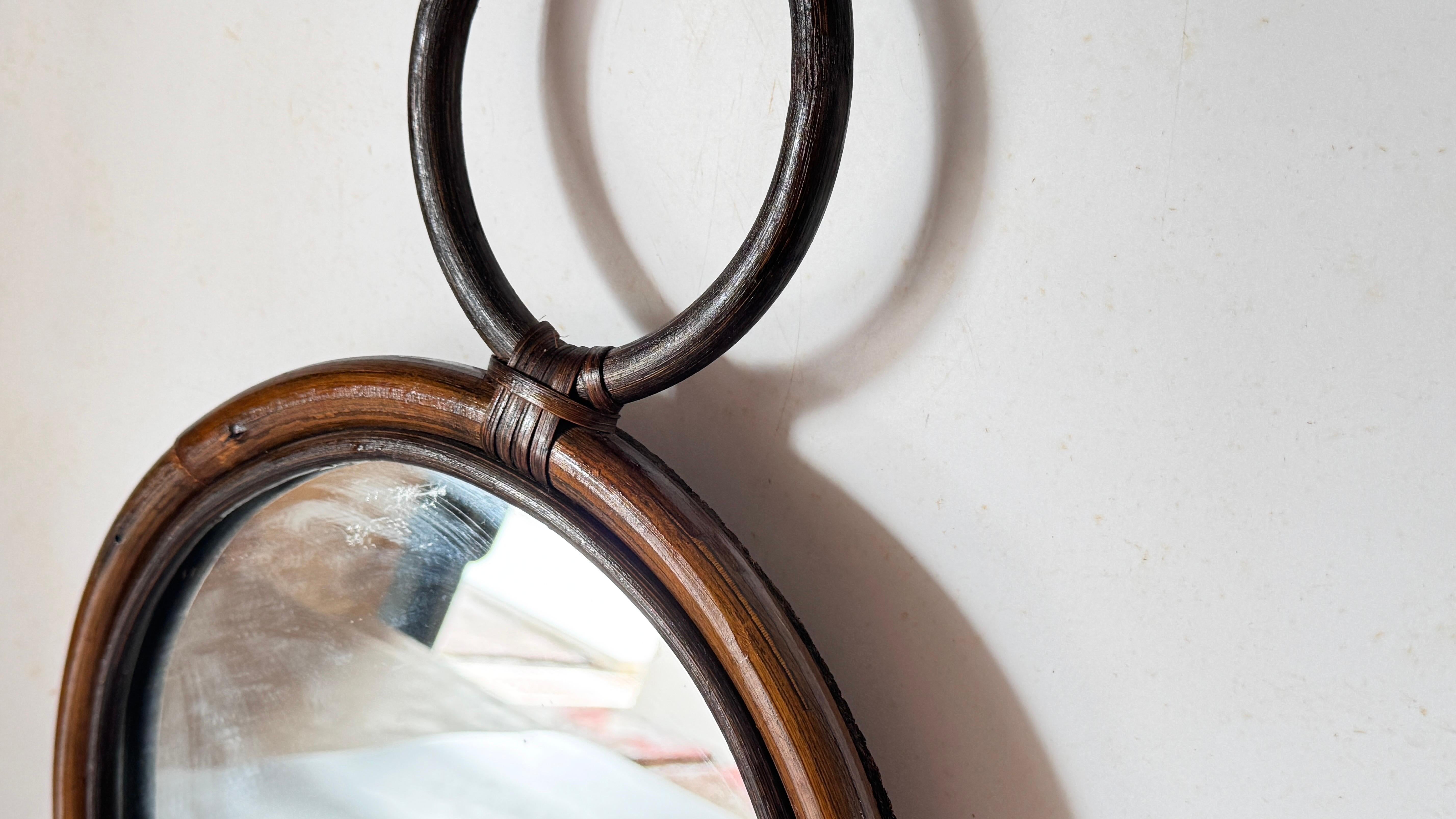 Milieu du XXe siècle Miroir médaillon à trois cercles, rotin, style provincial français des années 1960 en vente