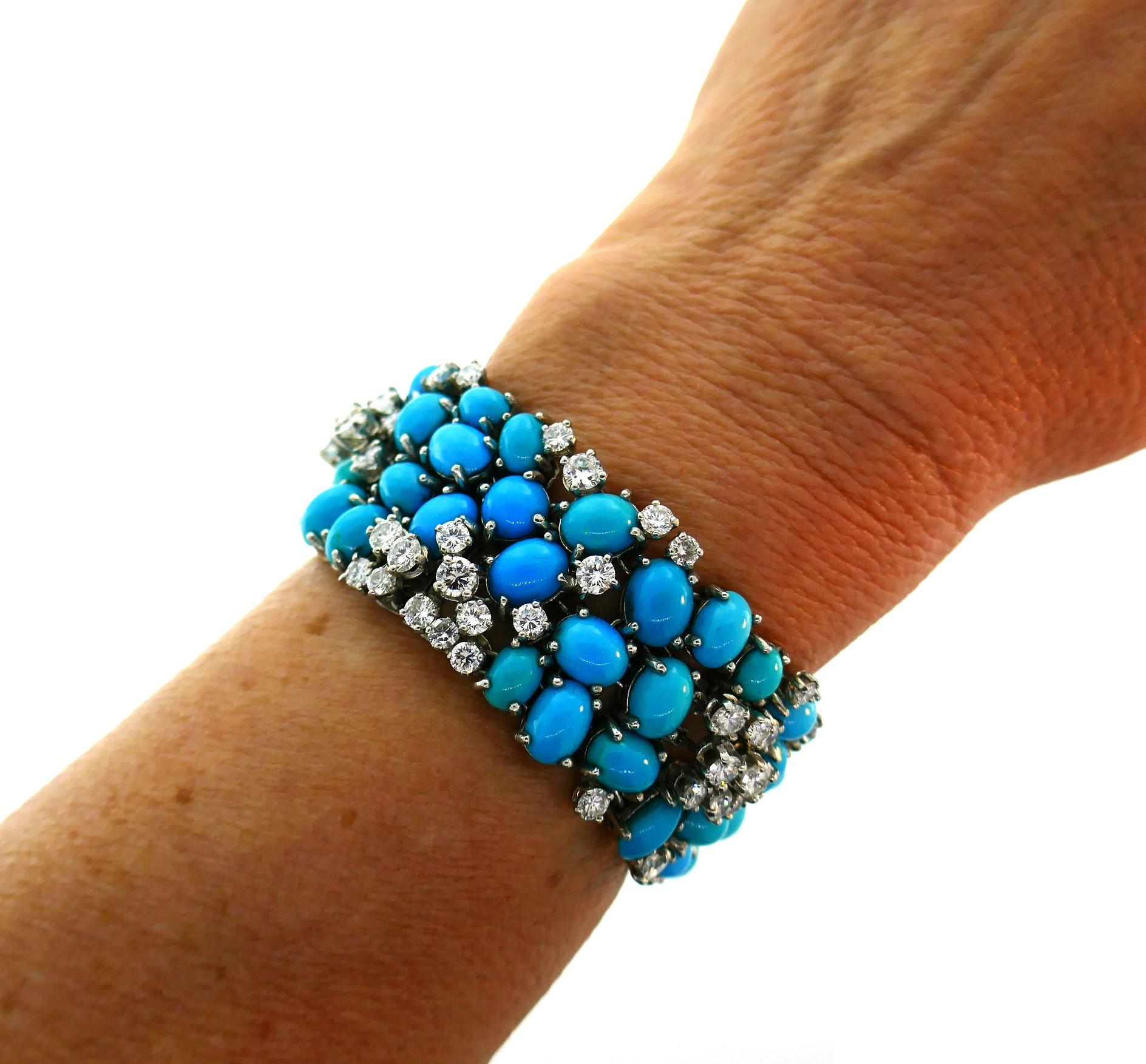 Women's 1960s French Turquoise Diamond Platinum Bracelet For Sale