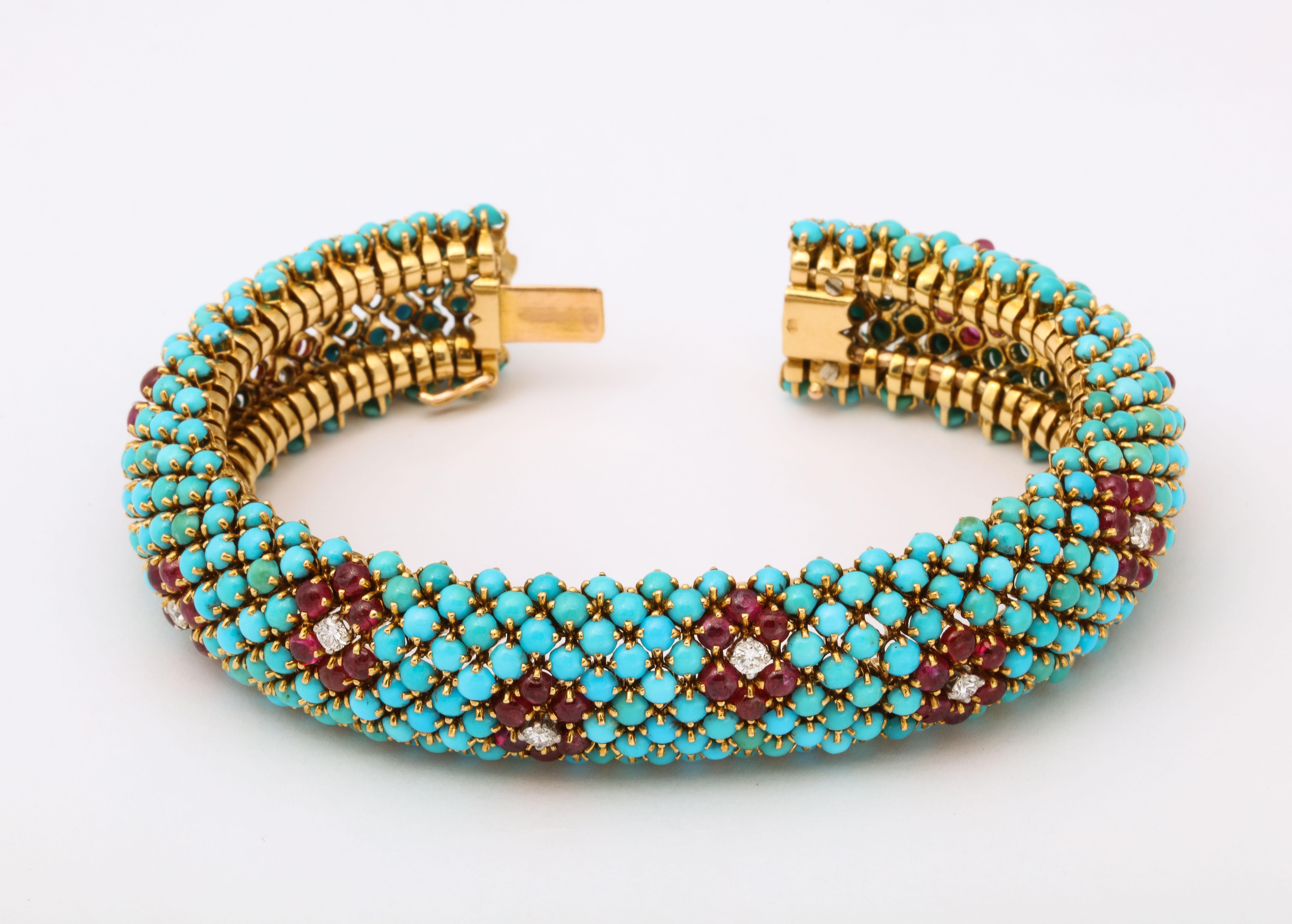 1960s French Turquoise Ruby Diamond Bracelet and Ring Set 13