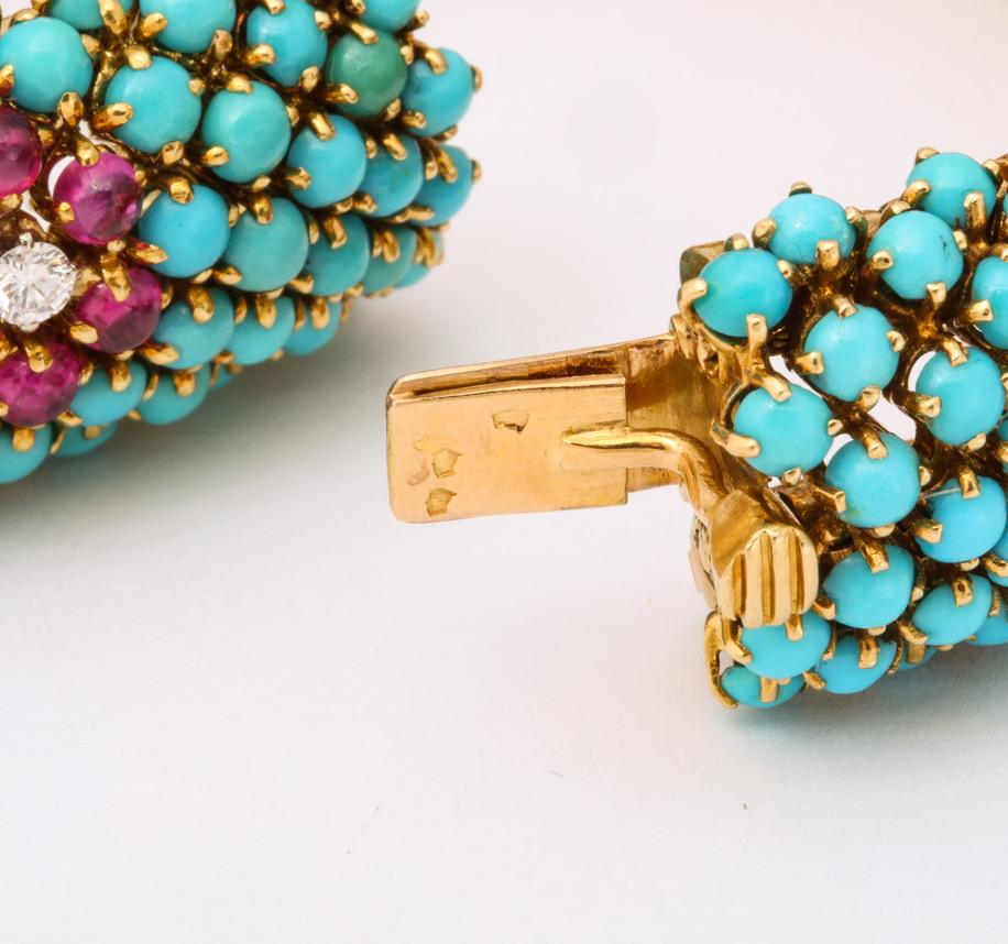 1960s French Turquoise Ruby Diamond Bracelet and Ring Set 14