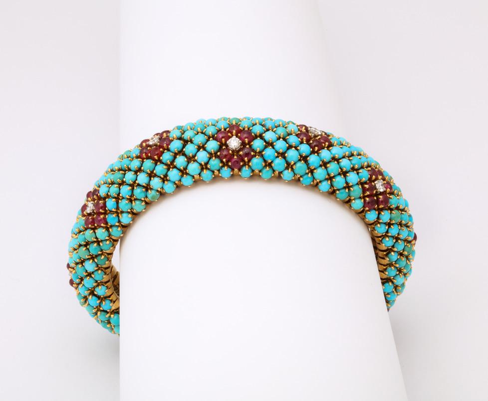Mixed Cut 1960s French Turquoise Ruby Diamond Bracelet and Ring Set
