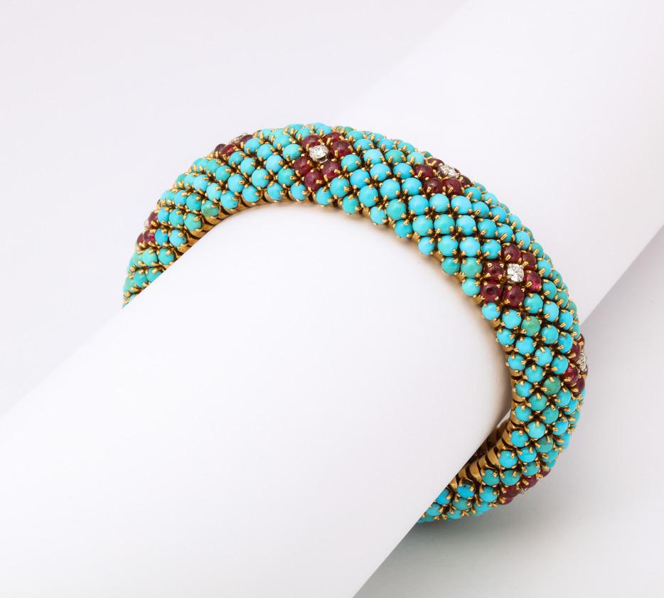 1960s French Turquoise Ruby Diamond Bracelet and Ring Set In Excellent Condition In Bal Harbour, FL