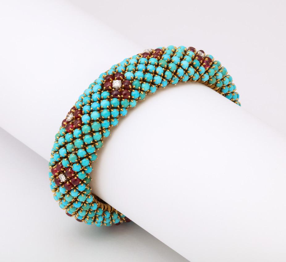 Women's or Men's 1960s French Turquoise Ruby Diamond Bracelet and Ring Set