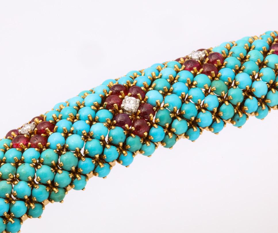 1960s French Turquoise Ruby Diamond Bracelet and Ring Set 1