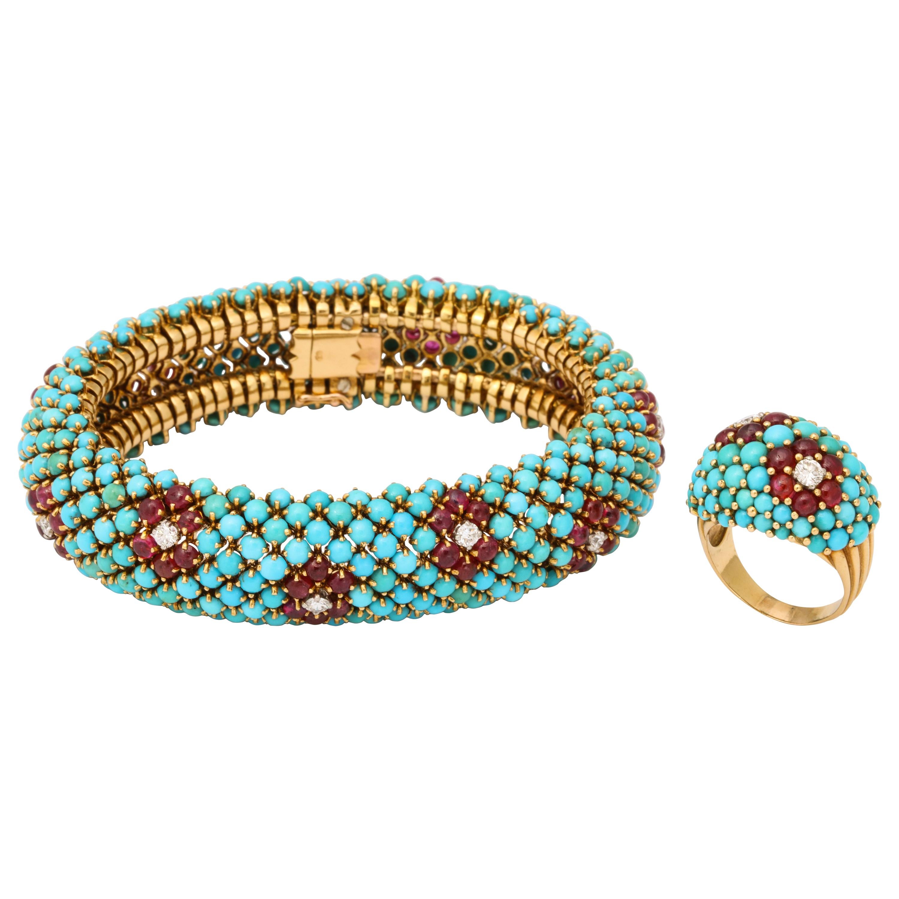 1960s French Turquoise Ruby Diamond Bracelet and Ring Set