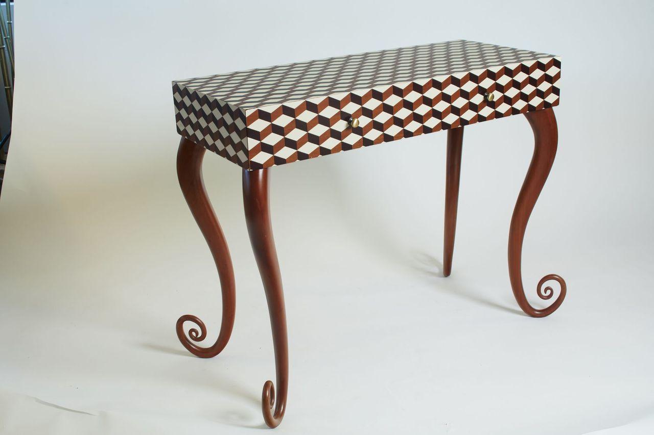 European 1960s French Unique Marquetry Wood Inlaid Desk/Vanity in Geometric Brown & White