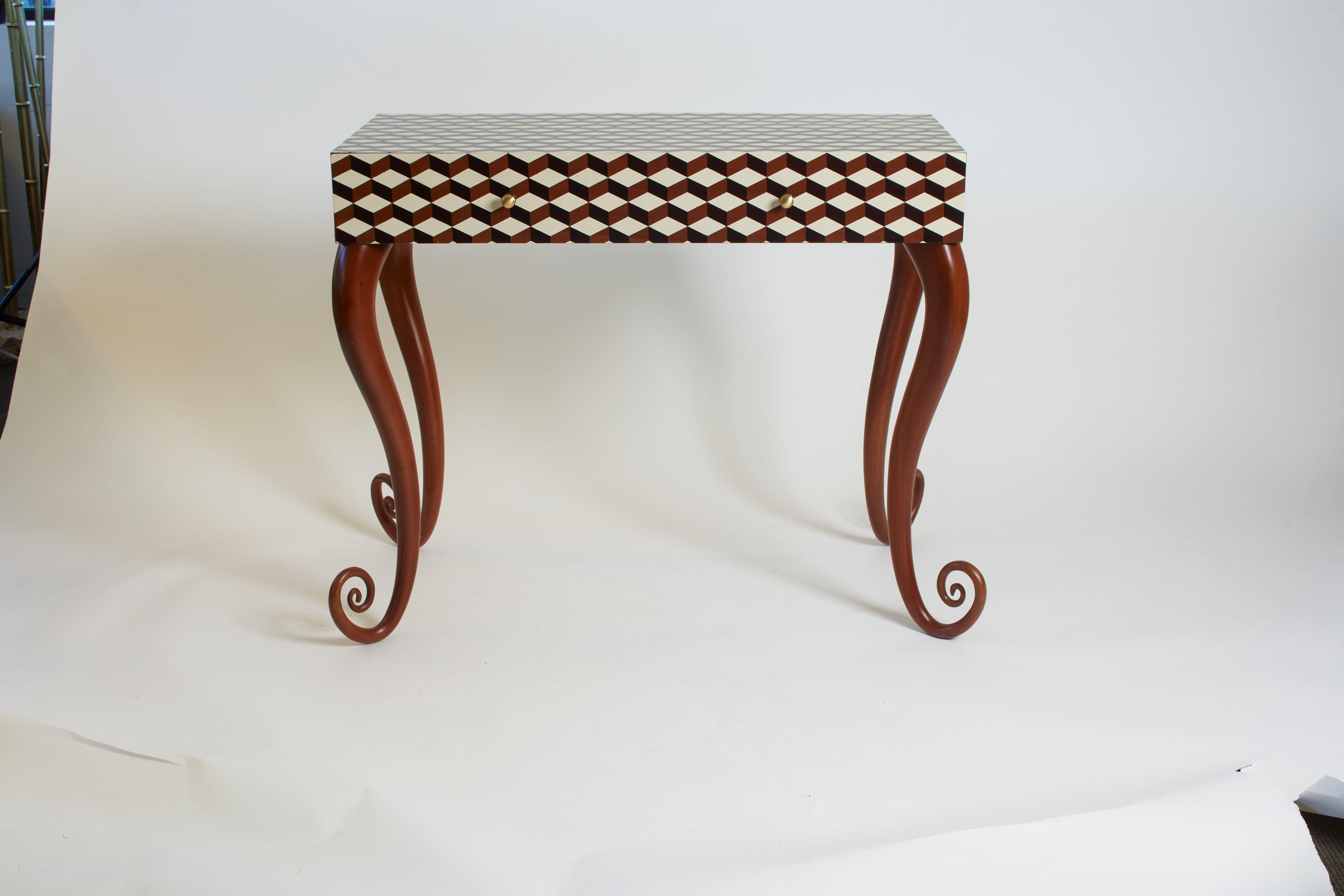 Mid-20th Century 1960s French Unique Marquetry Wood Inlaid Desk/Vanity in Geometric Brown & White