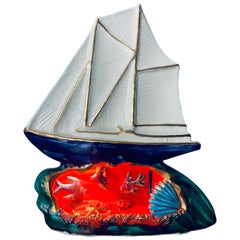 1960s French Vallauris Enamelled Ceramic Yacht & Seabed Grotto Table Lamp