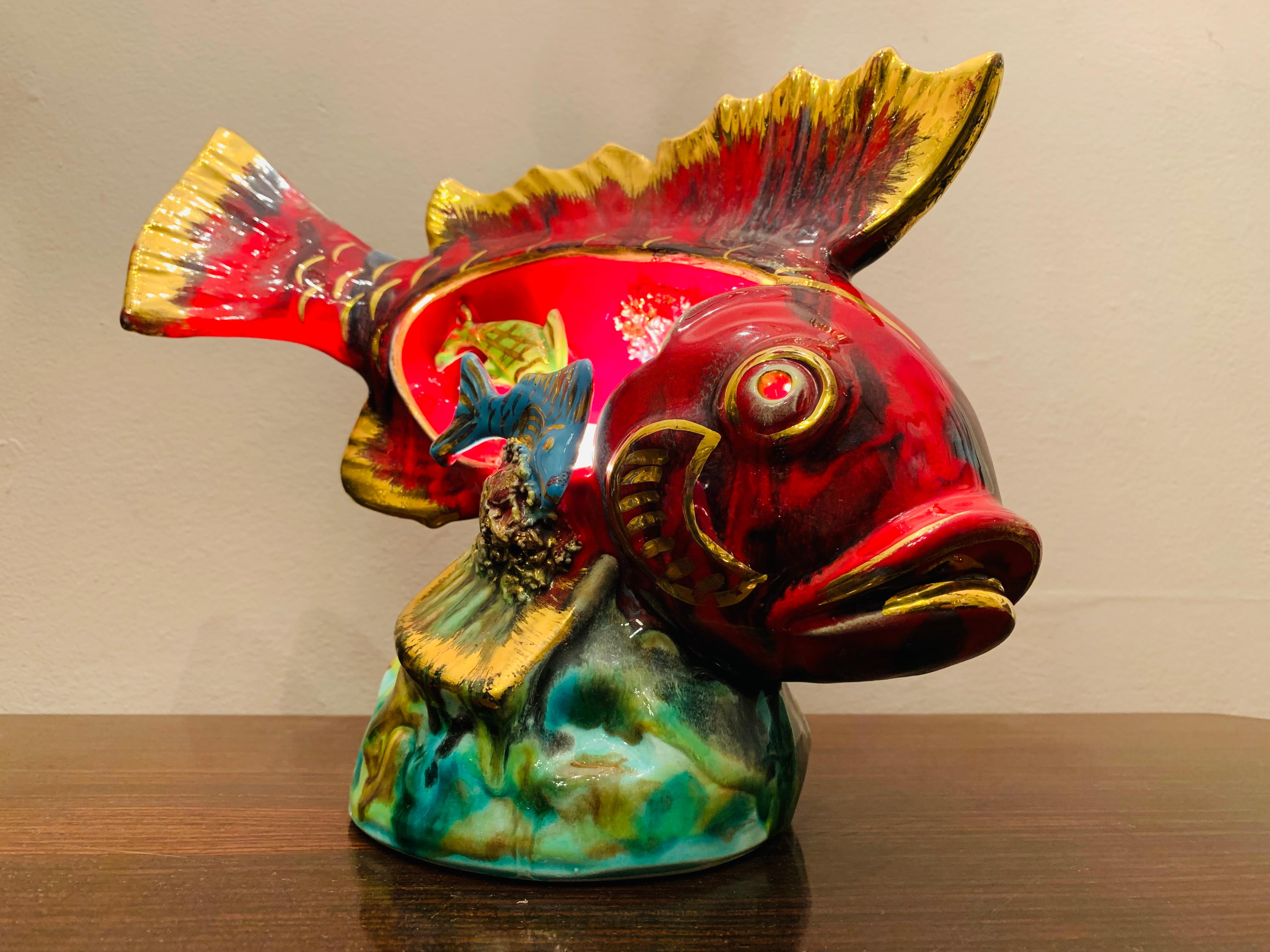 1960s French Vallauris & Monaco Ceramic Glazed Fish & Underwater Scene Lamp 12