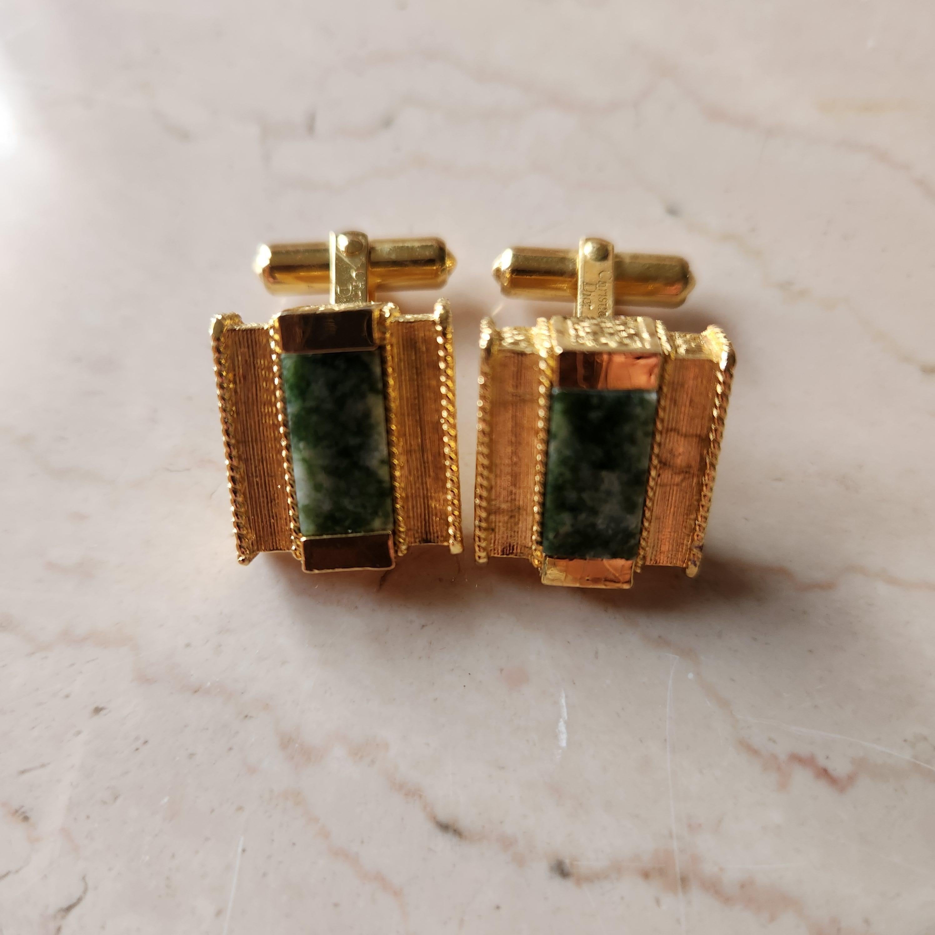 1960s French Vintage Christian Dior Cufflinks Gold Green Stone In Fair Condition For Sale In Chula Vista, CA