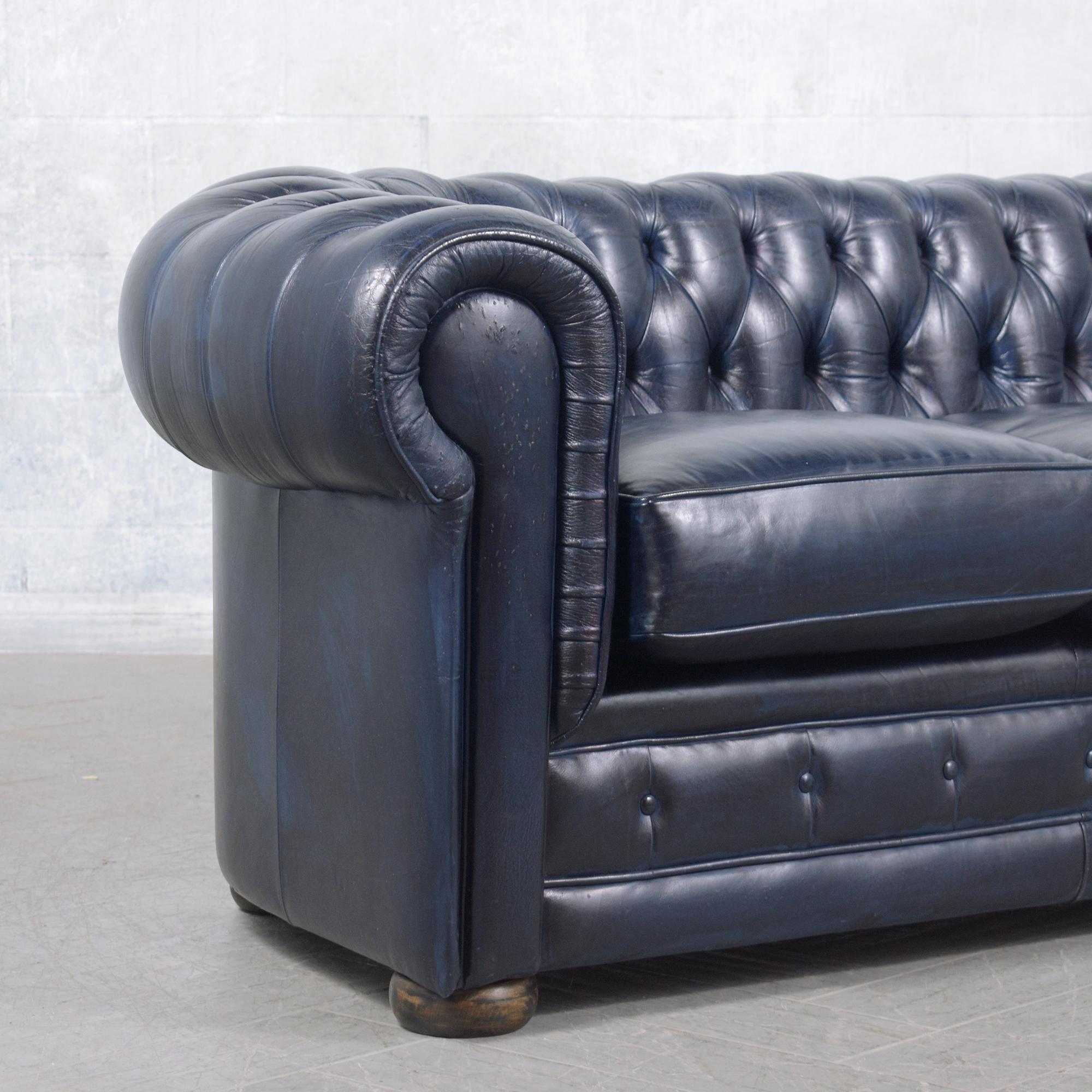 1960s French Vintage Leather Sofa in Navy Blue with Tufted Details For Sale 3
