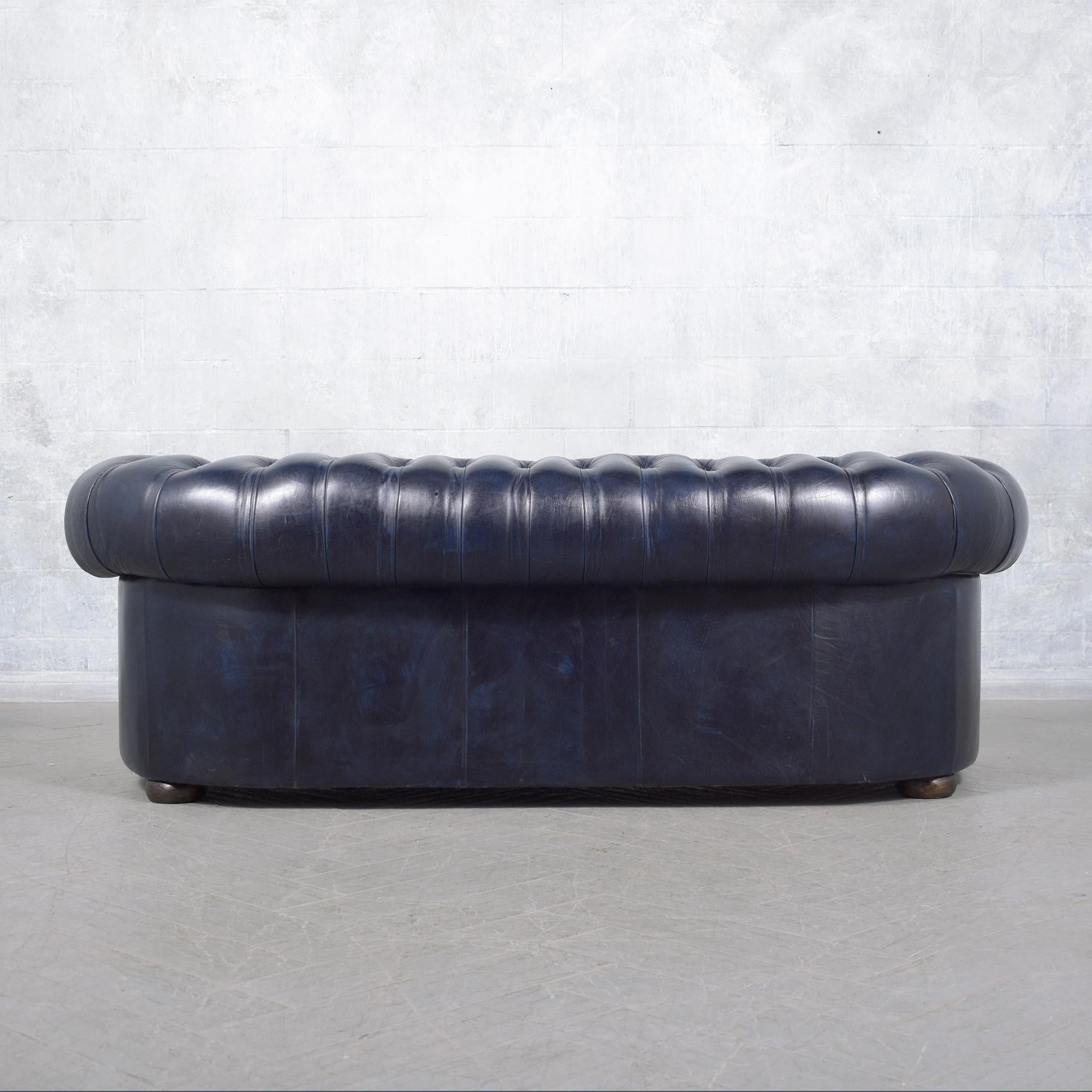 1960s French Vintage Leather Sofa in Navy Blue with Tufted Details For Sale 6