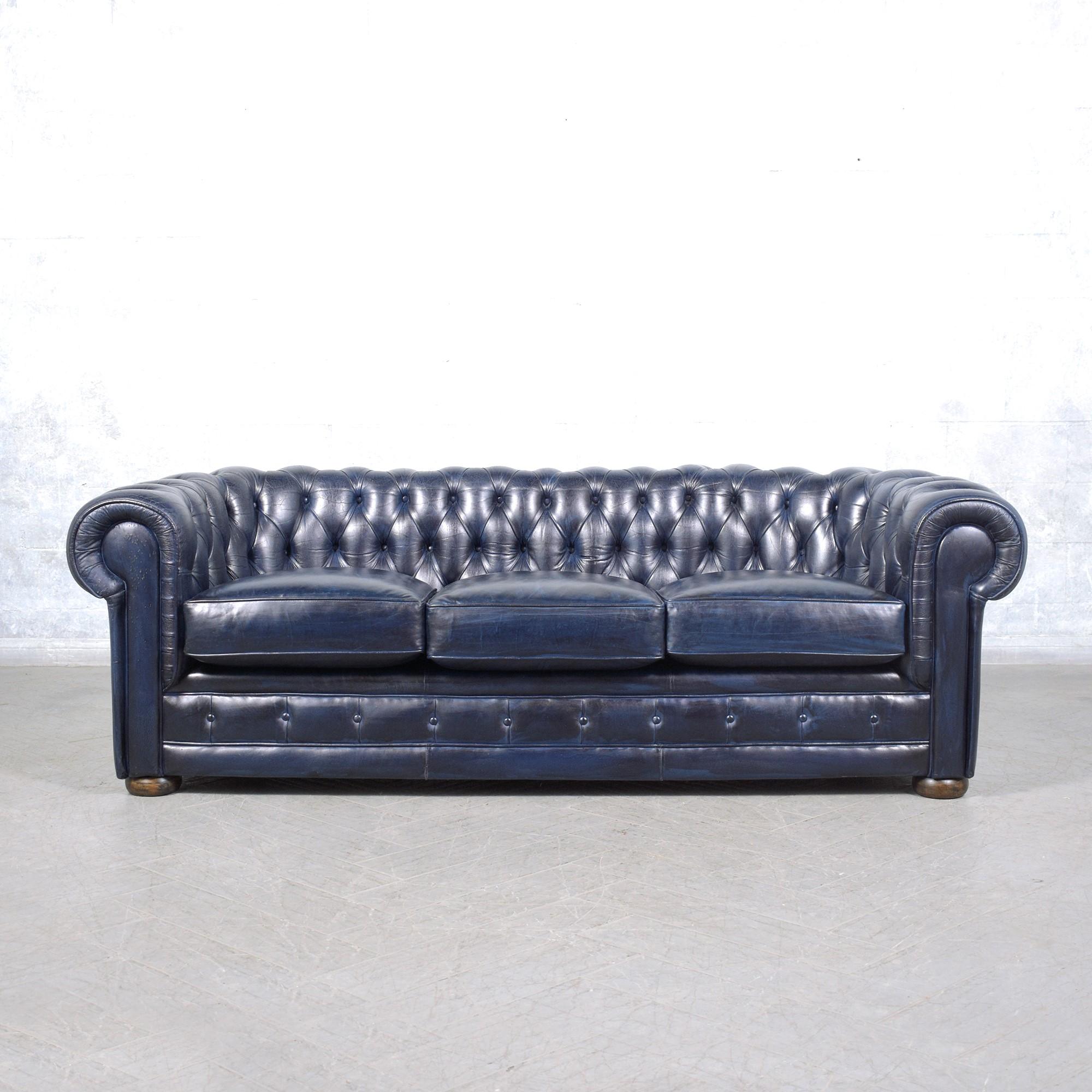 Step back in time with our elegantly restored French vintage sofa from the 1960s, a masterpiece of craftsmanship and style. Hand-crafted from solid wood and luxuriously upholstered in leather, this sofa has undergone a meticulous restoration process