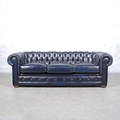 1960s French Vintage Leather Sofa in Navy Blue with Tufted Details