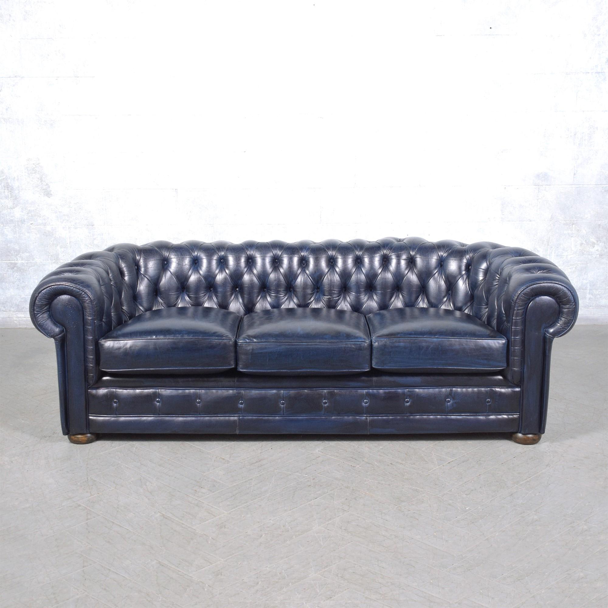 Chesterfield 1960s French Vintage Leather Sofa in Navy Blue with Tufted Details For Sale