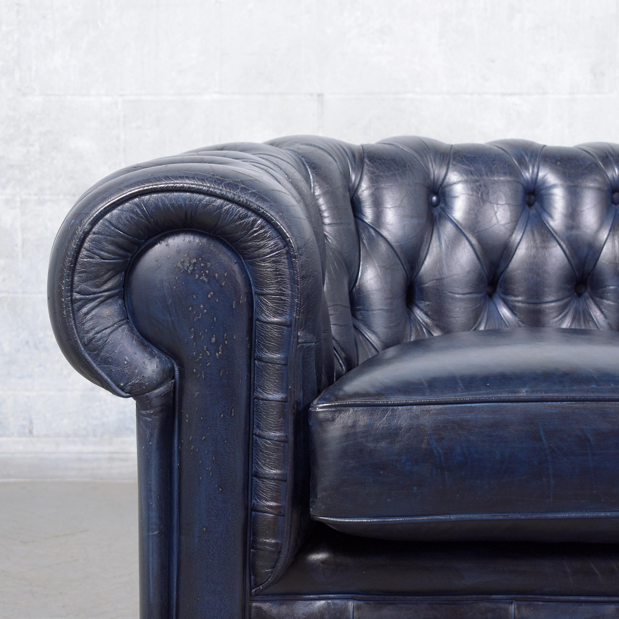 Hand-Crafted 1960s French Vintage Leather Sofa in Navy Blue with Tufted Details For Sale