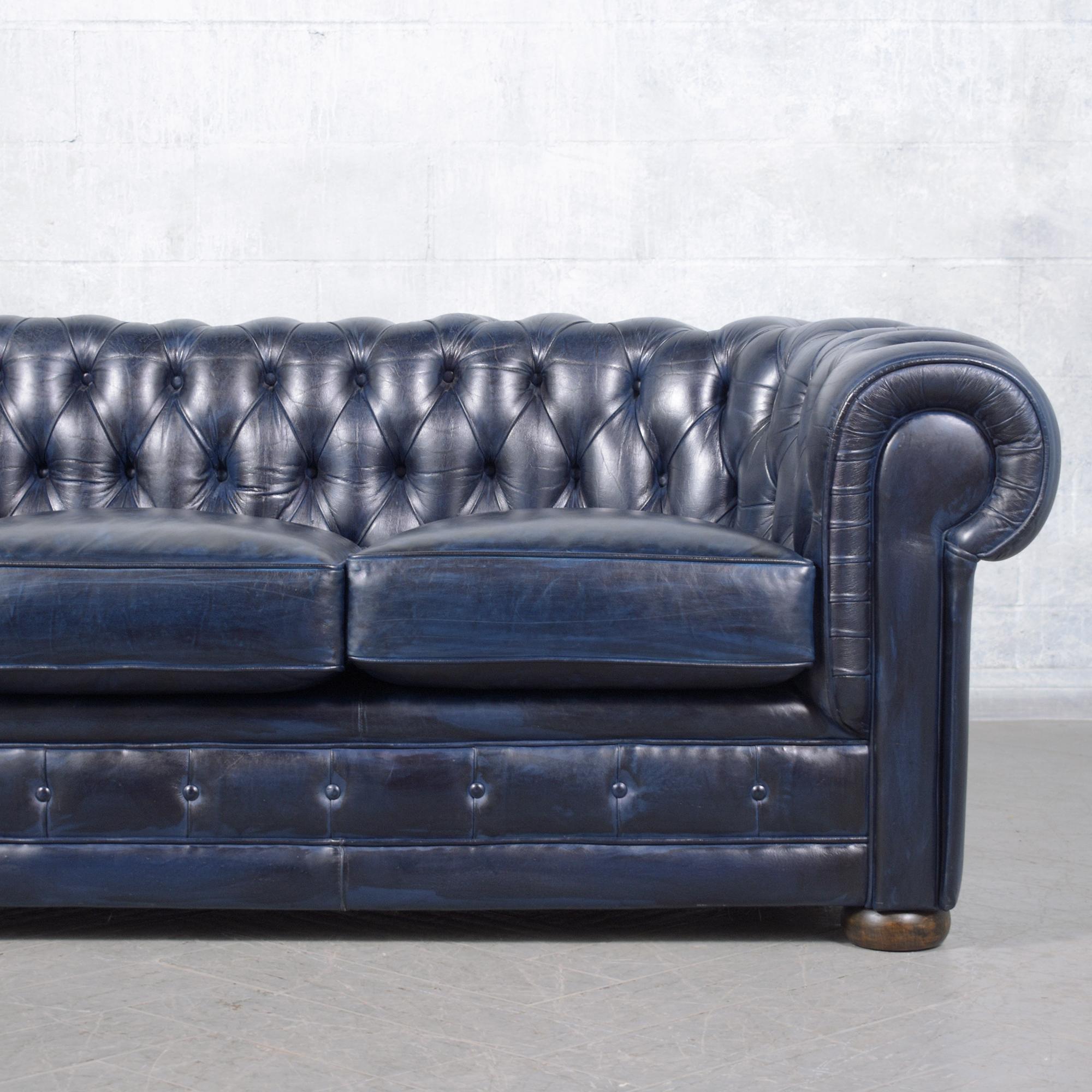 Mid-20th Century 1960s French Vintage Leather Sofa in Navy Blue with Tufted Details For Sale