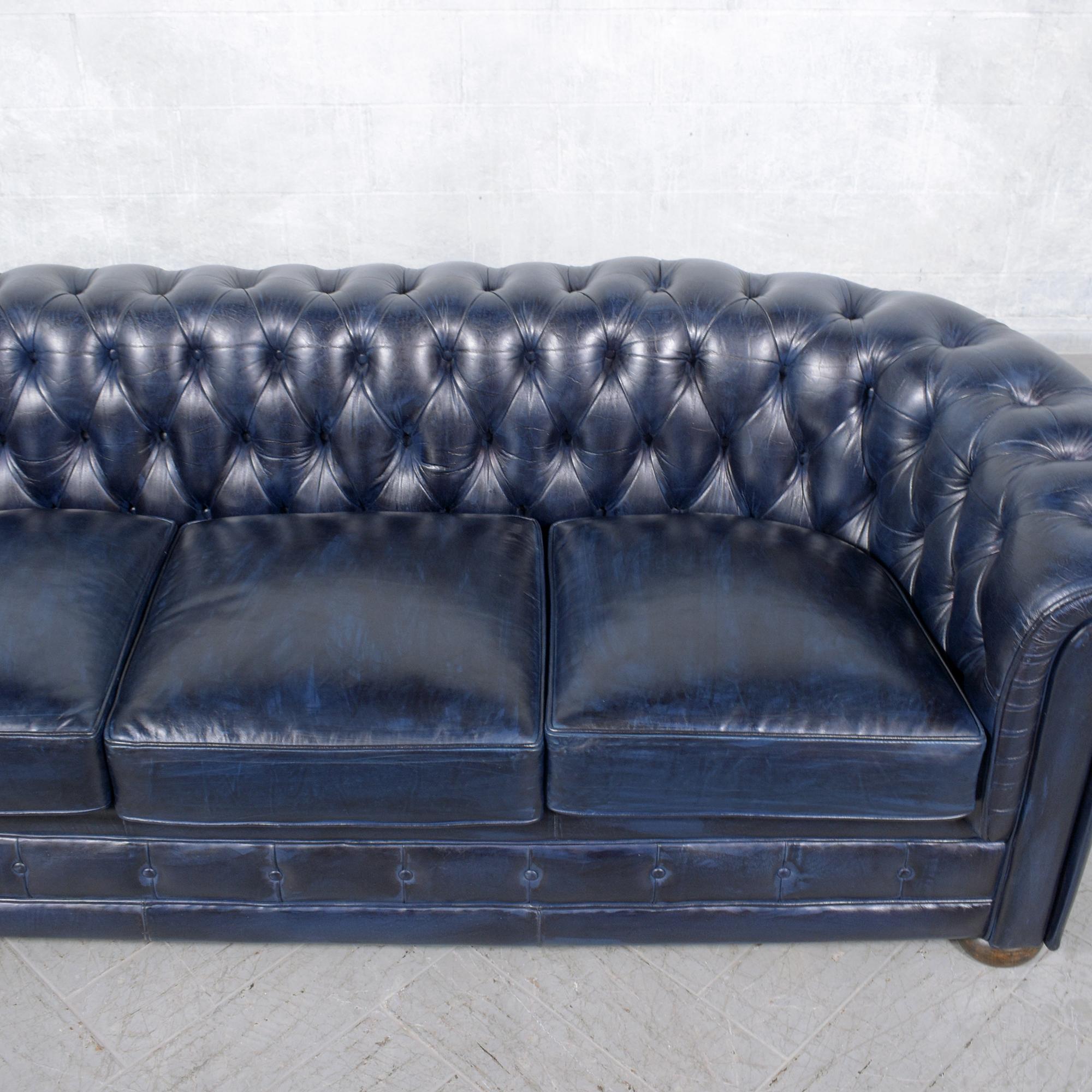 Brass 1960s French Vintage Leather Sofa in Navy Blue with Tufted Details For Sale