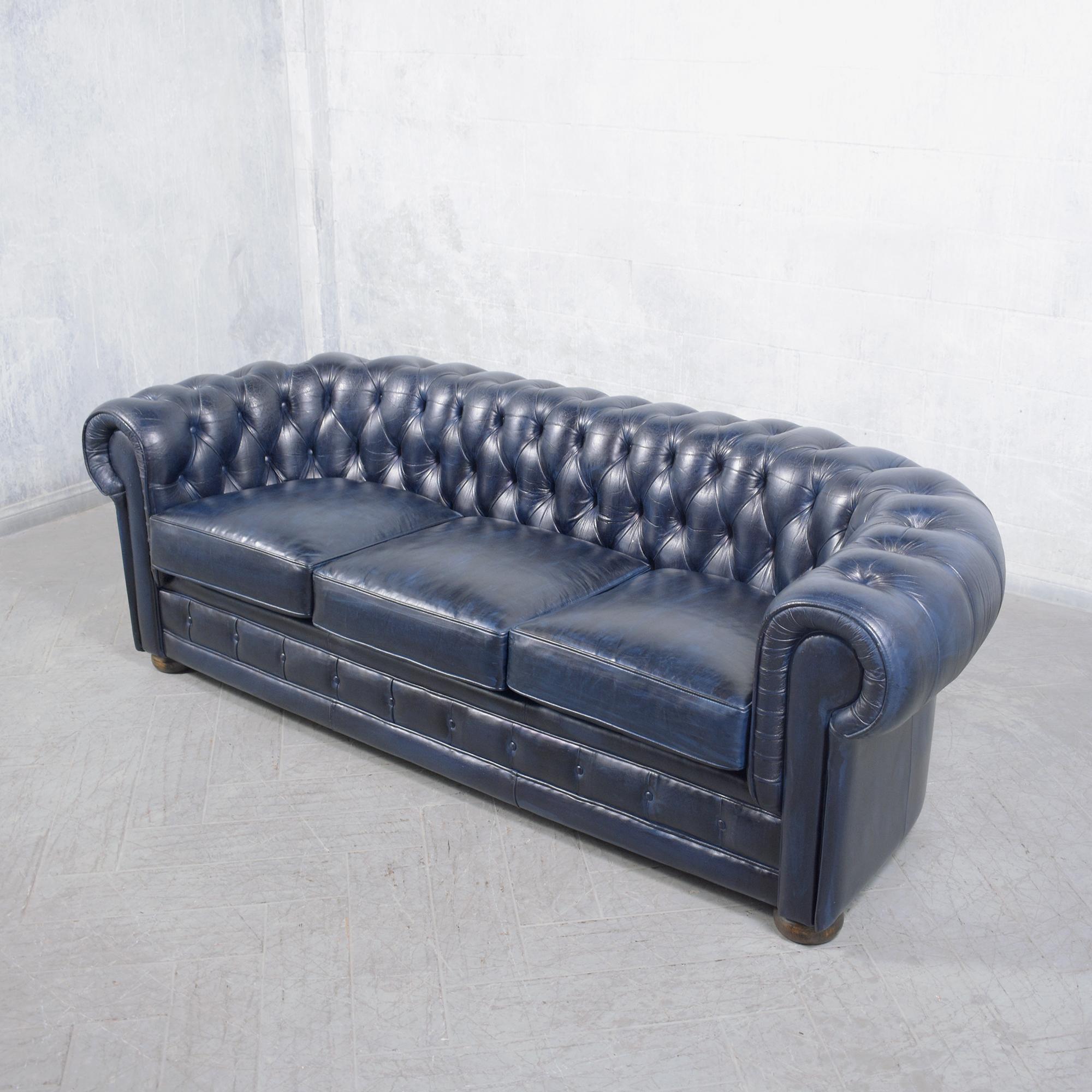 1960s French Vintage Leather Sofa in Navy Blue with Tufted Details For Sale 1