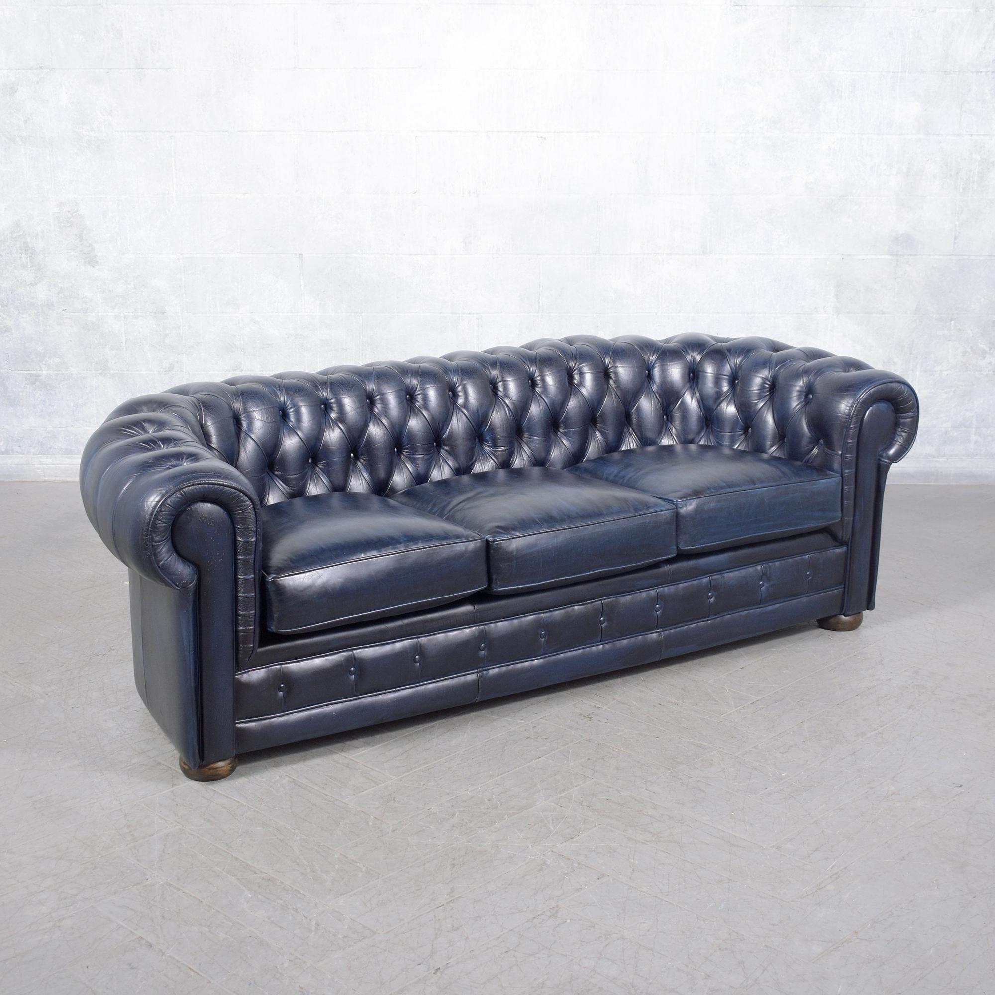 1960s French Vintage Leather Sofa in Navy Blue with Tufted Details For Sale 2